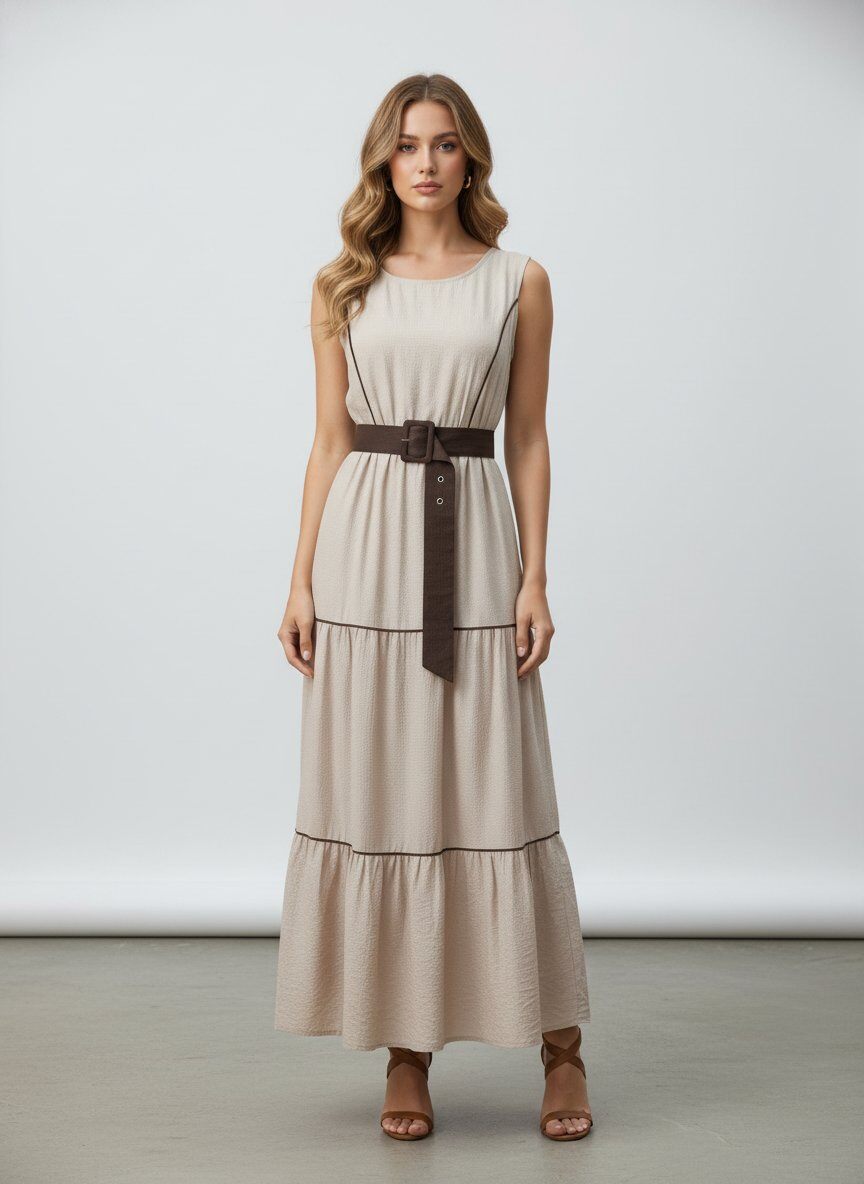 Mayorista J&H Fashion - Vestido largo sin mangas presenta un corte vaporoso en capas, acentuado por un cinturón a juego en la cintura.
