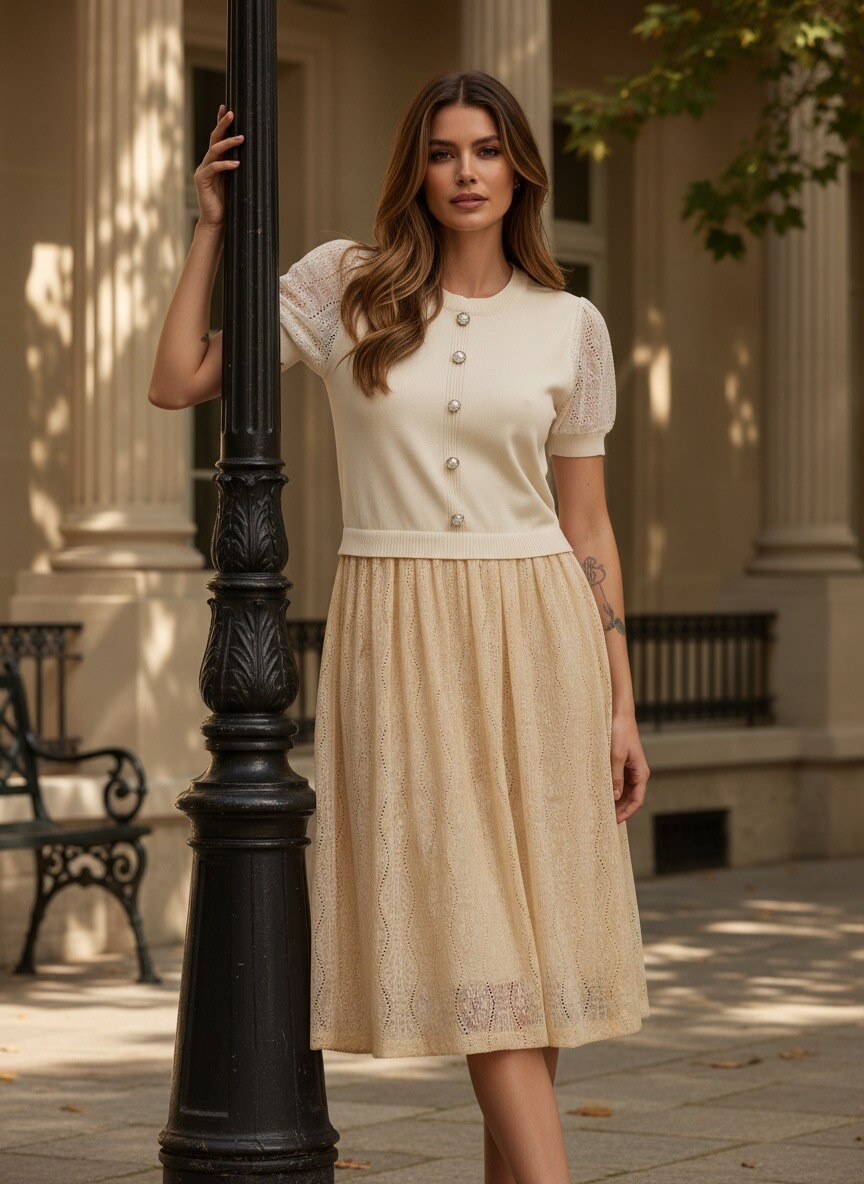 Grossista J&H Fashion - Abito midi è composto da un top aderente con maniche corte a sbuffo in pizzo e una decorativa abbottonatura frontale, prolungato da una gonna fluida