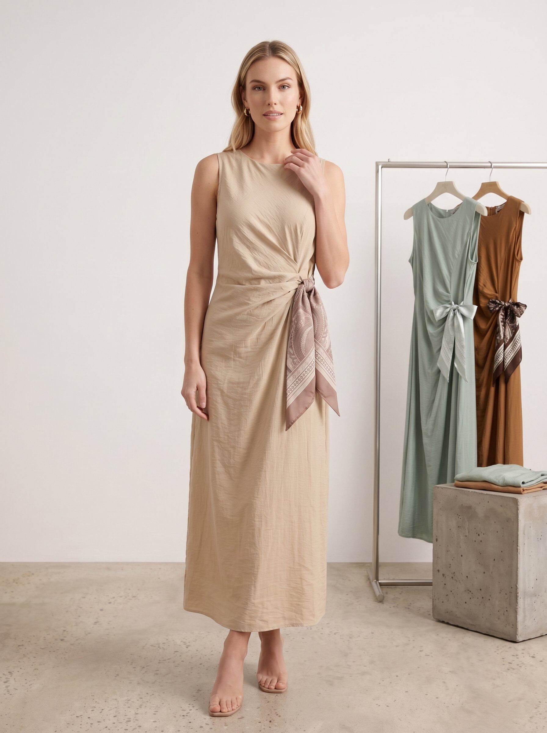 Mayorista J&H Fashion - Vestido largo sin mangas presenta una silueta elegante con un efecto drapeado refinado, resaltado por un nudo lateral con un estampado satinado.