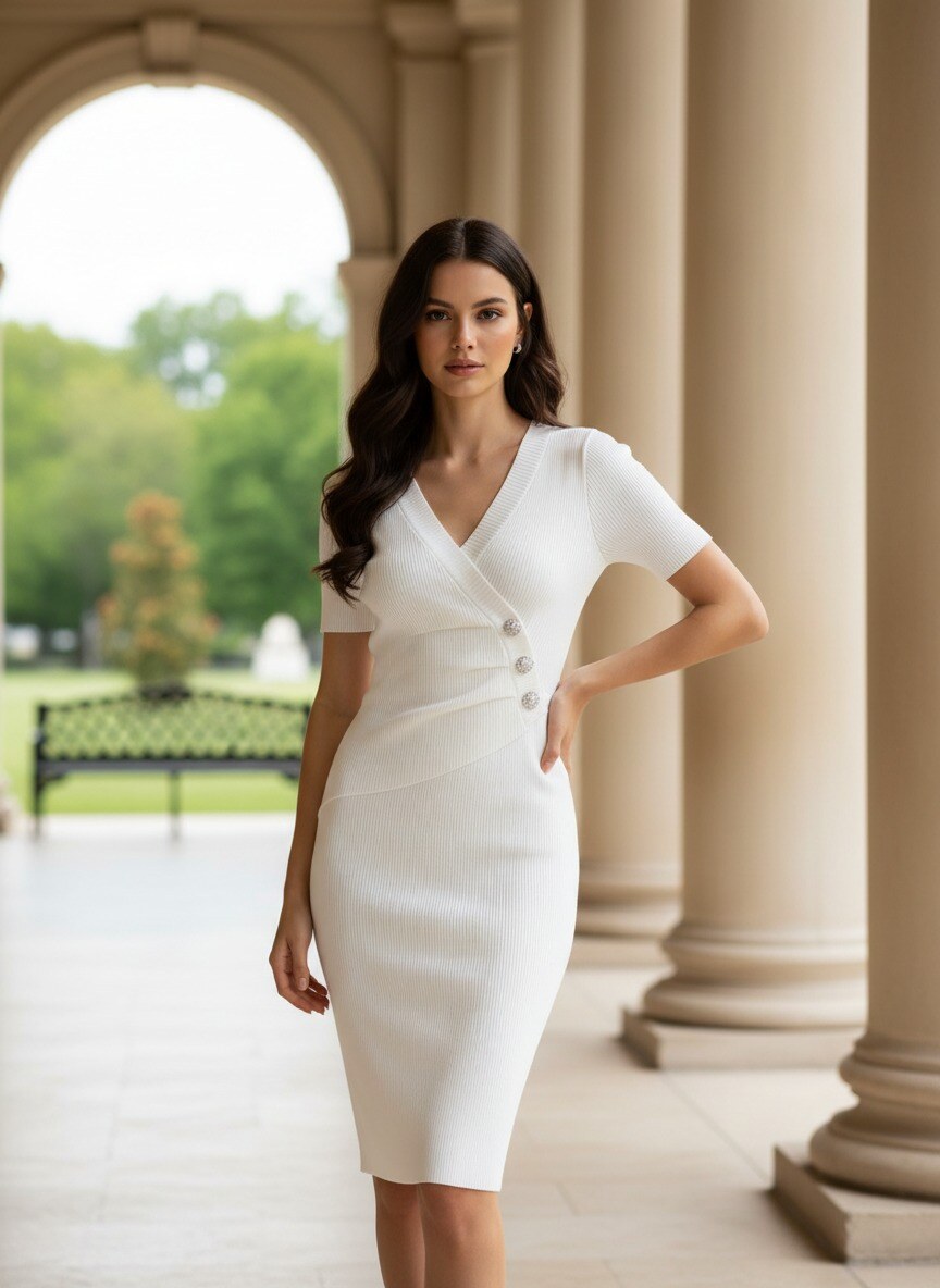 Großhändler J&H Fashion - Kurzes, figurbetontes Kleid im modernen Stil mit überkreuztem V-Ausschnitt und eleganten Knopfdetails an der Seite.