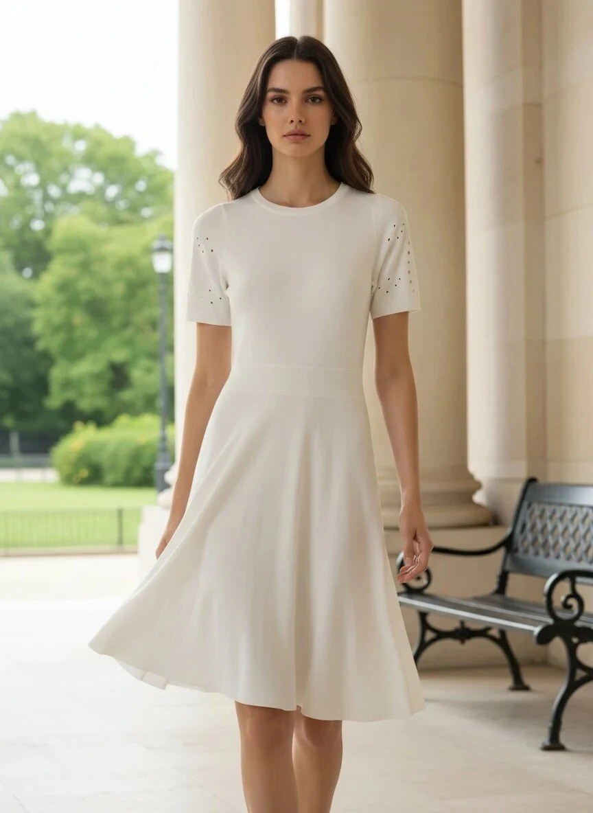 Mayorista J&H Fashion - Vestido corto de punto ajustado con mangas cortas adornadas con detalles calados.