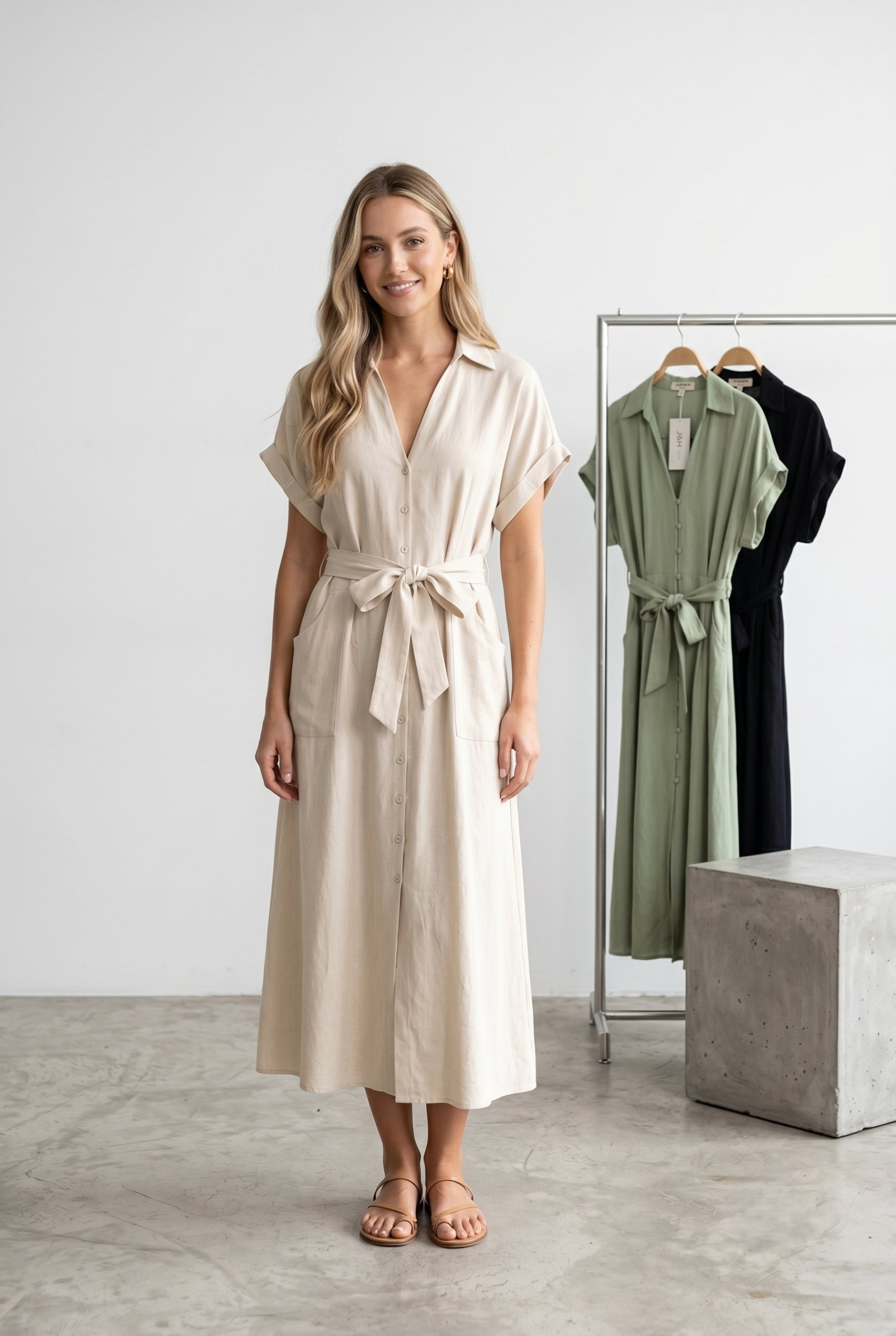 Mayorista J&H Fashion - Vestido largo abotonado con mangas cortas, con cuello de camisa y cinturón anudado a la cintura.
