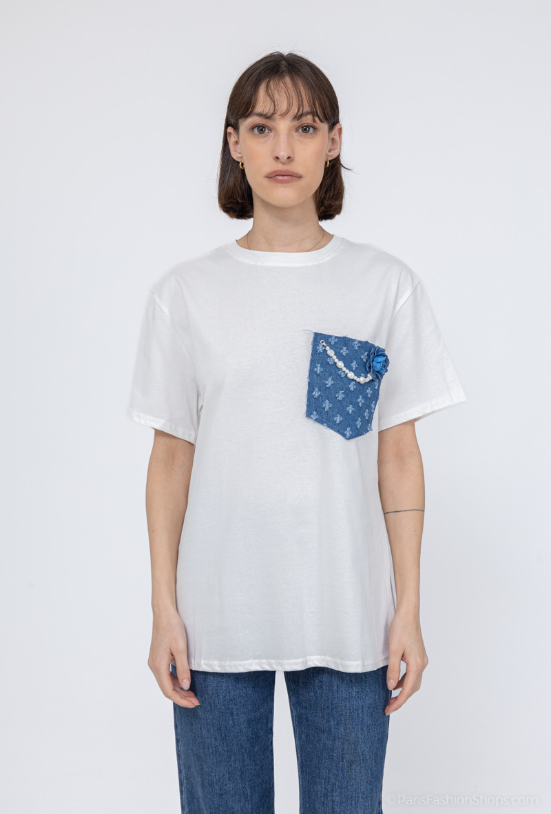 Grossista J&H Fashion - Maglietta con tasca applicata in jeans e fiore di perle