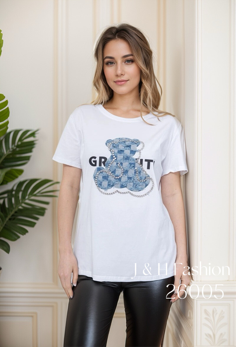 Grossista J&H Fashion - T-shirt con strass orso e jeans sfilacciato