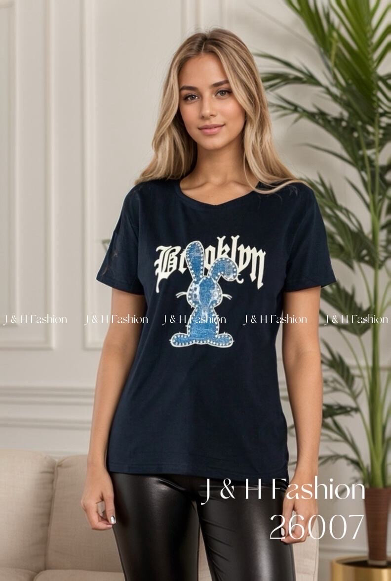 Grossista J&H Fashion - T-shirt con strass e jeans a forma di coniglio rabbit