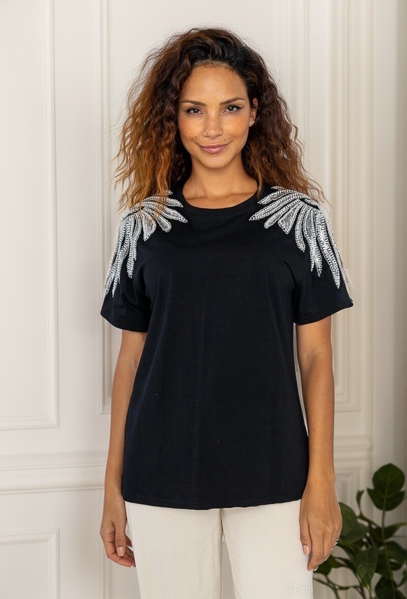 Wholesaler J&H Fashion - Cotton T-shirt with rose petal flowers in 3D relief in organza