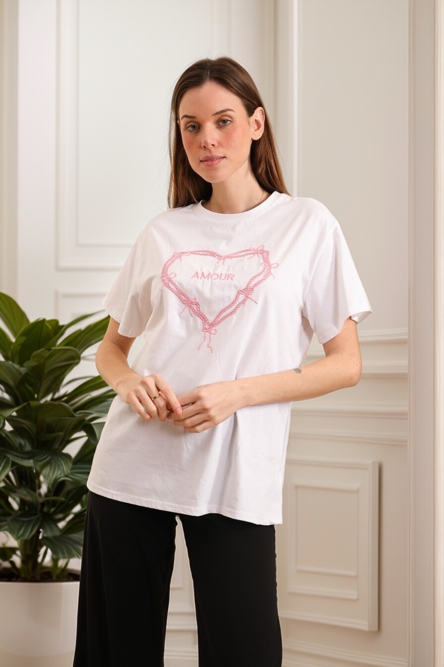 Wholesaler J&H Fashion - Oversize cotton t-shirt Heart embroidery knot love love
