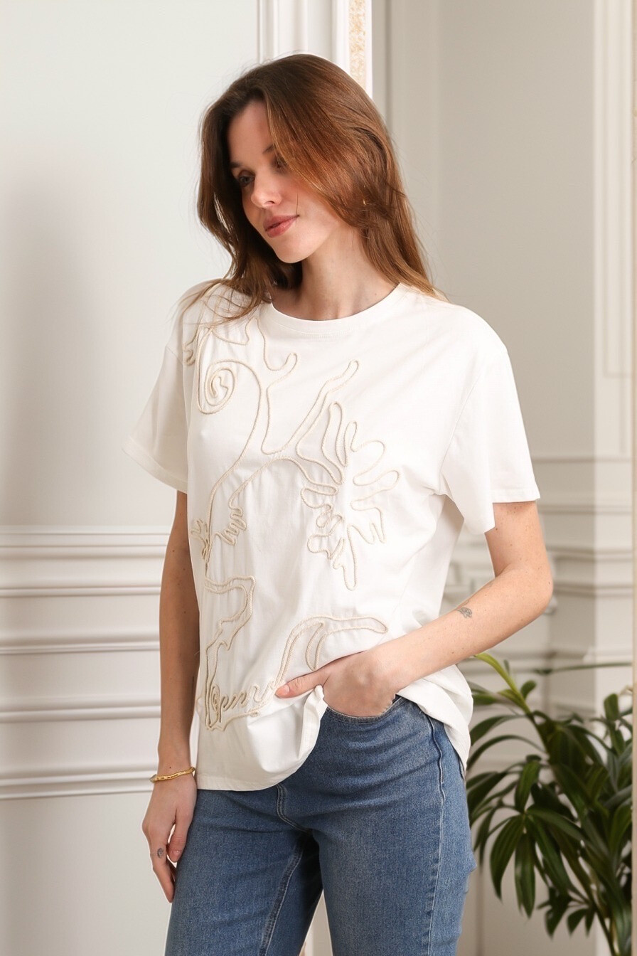 Wholesaler J&H Fashion - Cotton t-shirt with crochet flowers and pearls