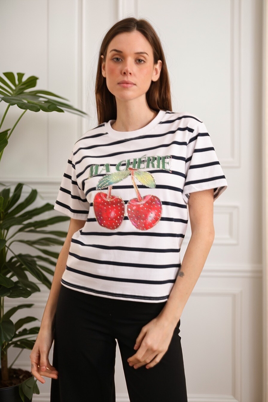 Wholesaler J&H Fashion - Cotton t-shirt "Ma Cherie" Cerise à Strasses