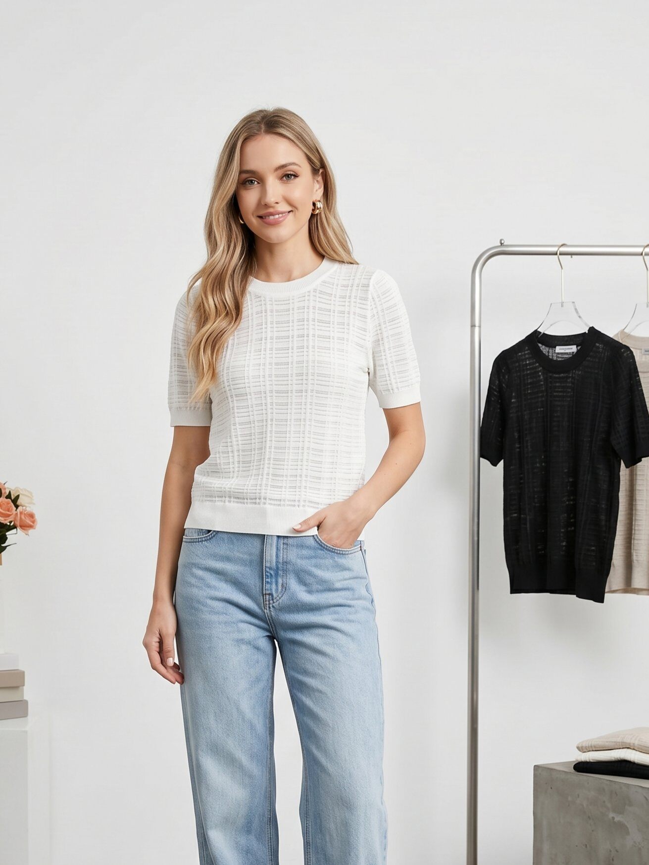 Grossiste J&H Fashion - Top à manches courtes en maille texturée et ajourée se distingue par ses motifs en relief géométriques et son col rond classique, offrant une allure à l