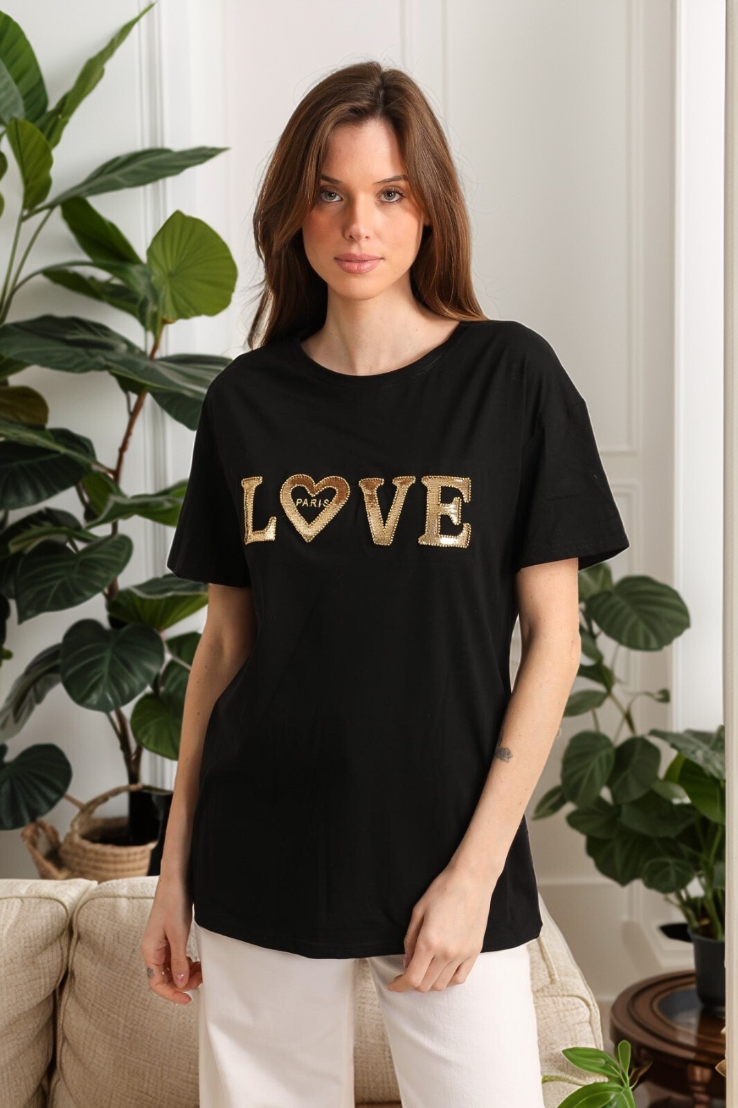 Grossiste J&H Fashion - T-shirt en coton oversize avec broderie "LOVE Paris" à sequin