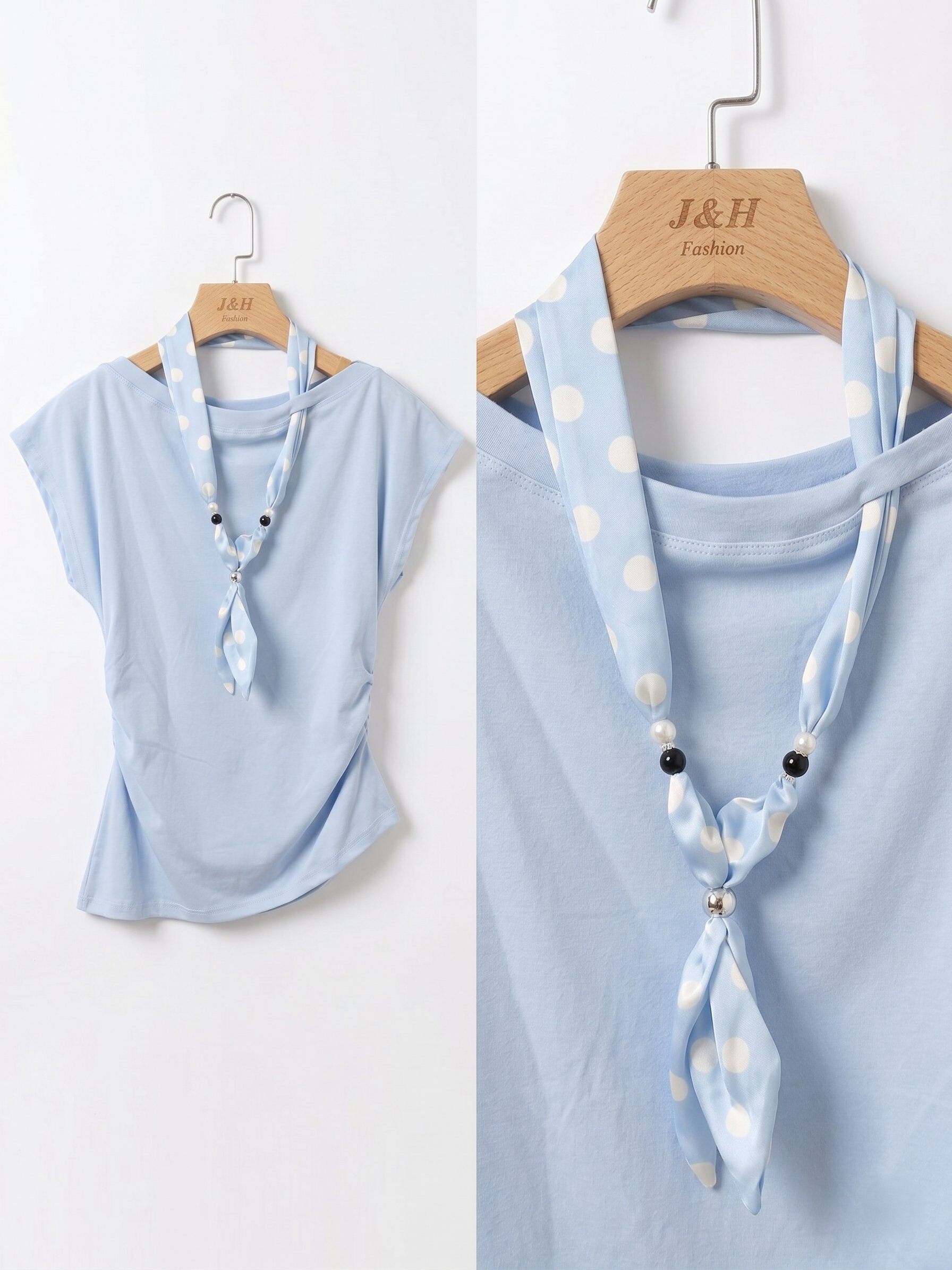 Grossiste J&H Fashion - Haut à manches courtes présente une coupe fluide agrémentée d'un drapé latéral et d'un accessoire textile noué à motifs.