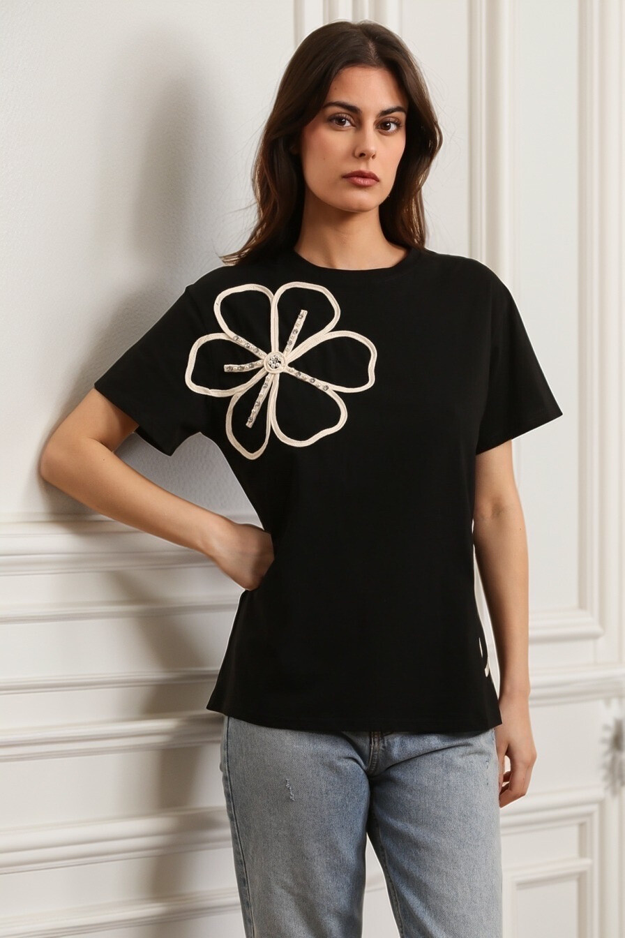 Grossiste J&H Fashion - T-shirt en coton avec incrustation fleur perles et strasses