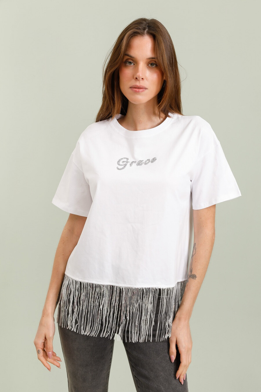 Grossiste J&H Fashion - T-shirt en coton avec strasses "GRACE" et frange argenté coupe large