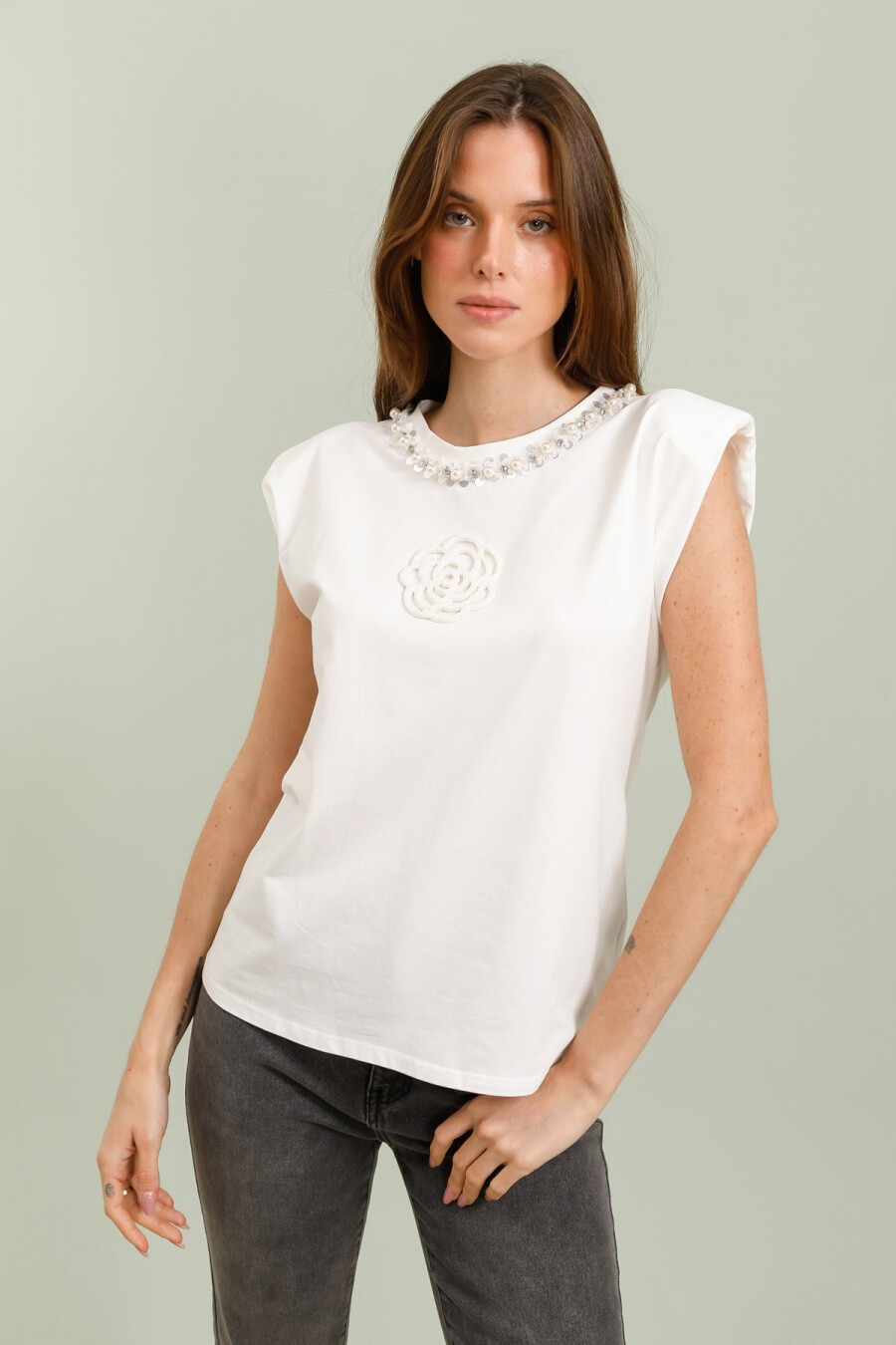 Mayorista J&H Fashion - Camiseta de algodón con hombro y correas de flores y perlas de color rosa y brillo