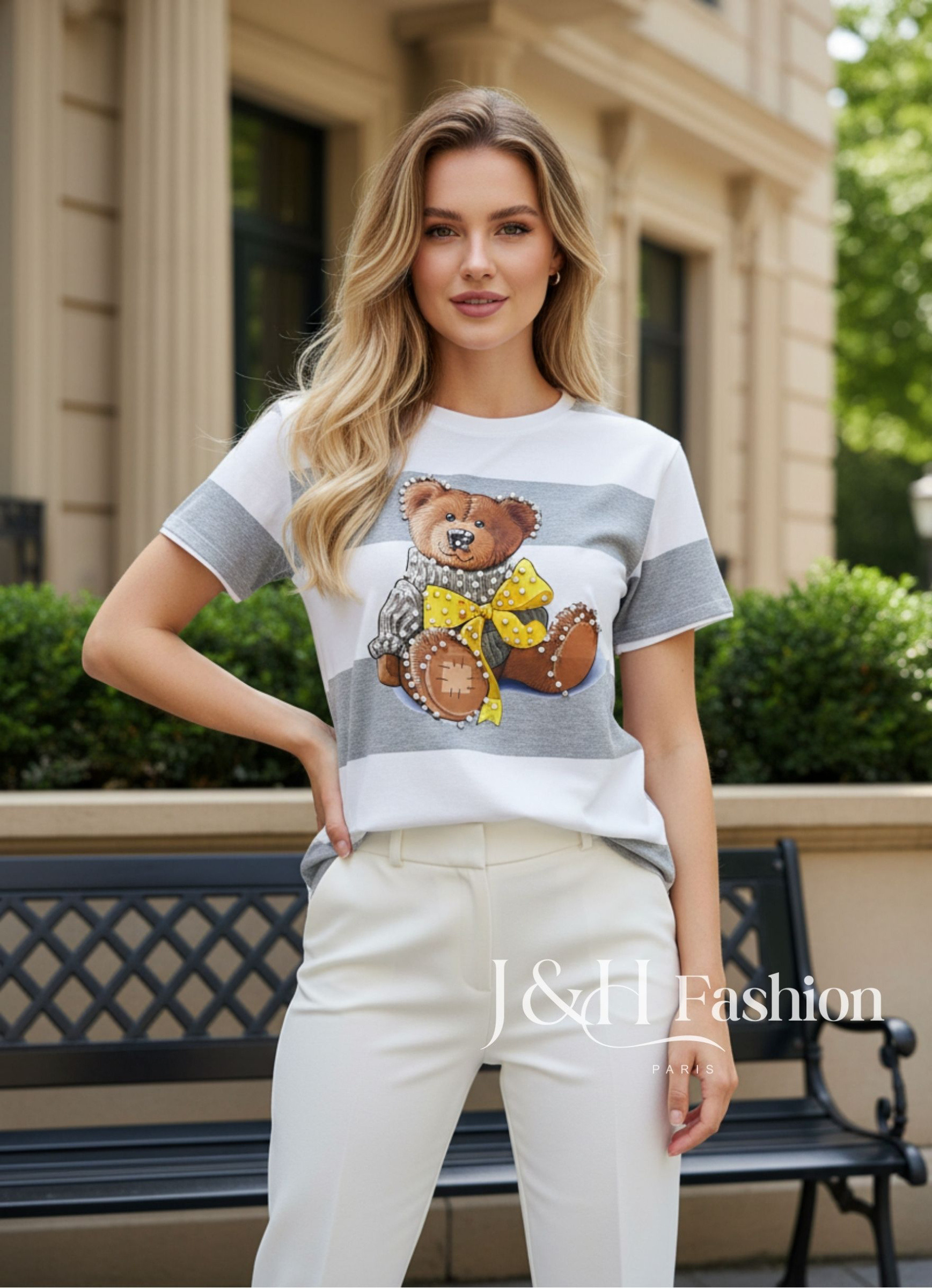 Mayorista J&H Fashion - Camiseta de algodón a rayas con estampado de oso, strass y perlas en talla grande