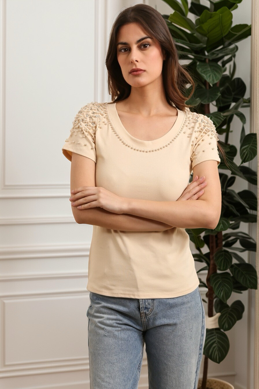 Wholesaler J&H Fashion - Cotton t-shirt with Flower Flower Beads and Strasses