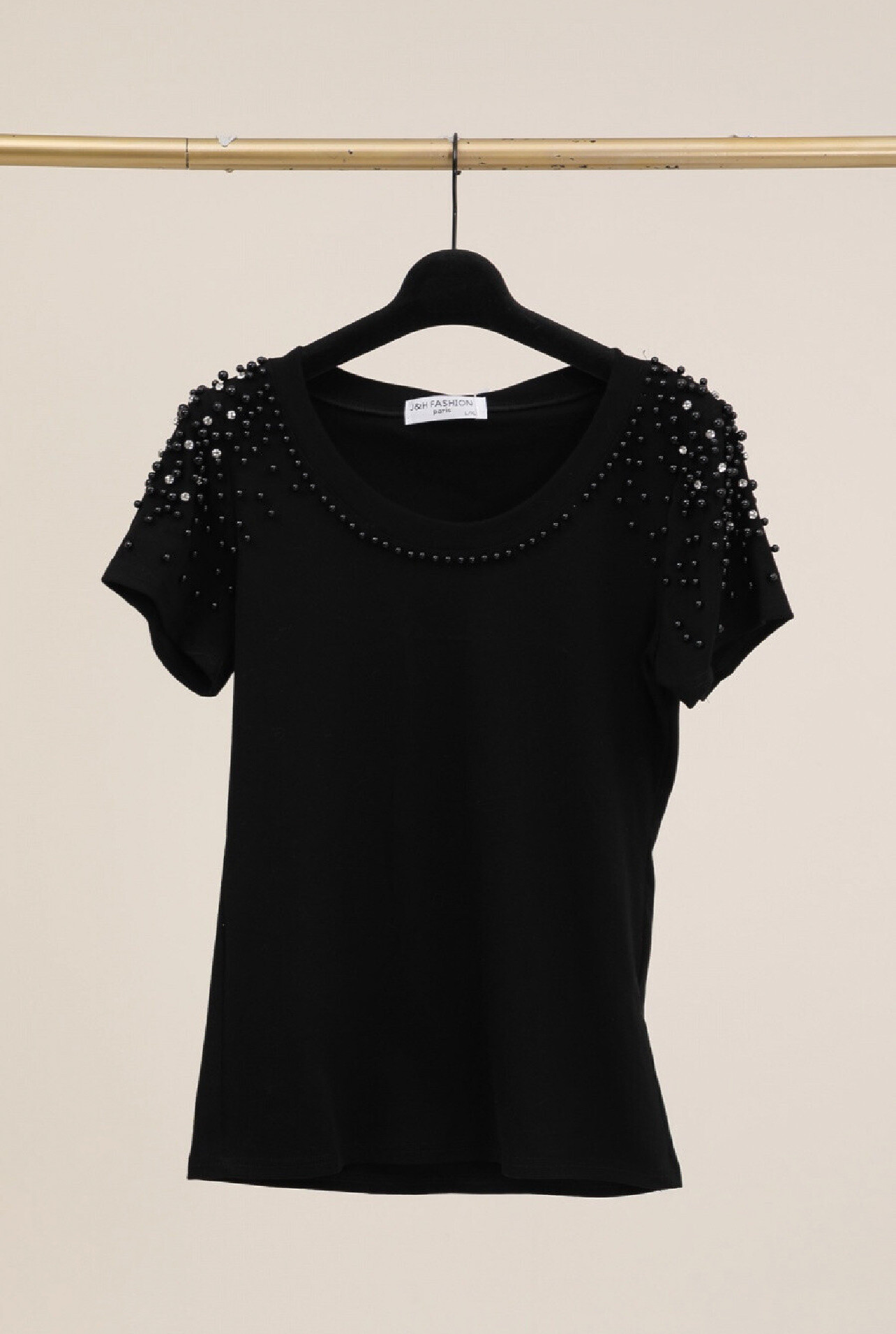 Grossiste J&H Fashion - T-shirt en coton cintré avec perles et strasses féminin chic