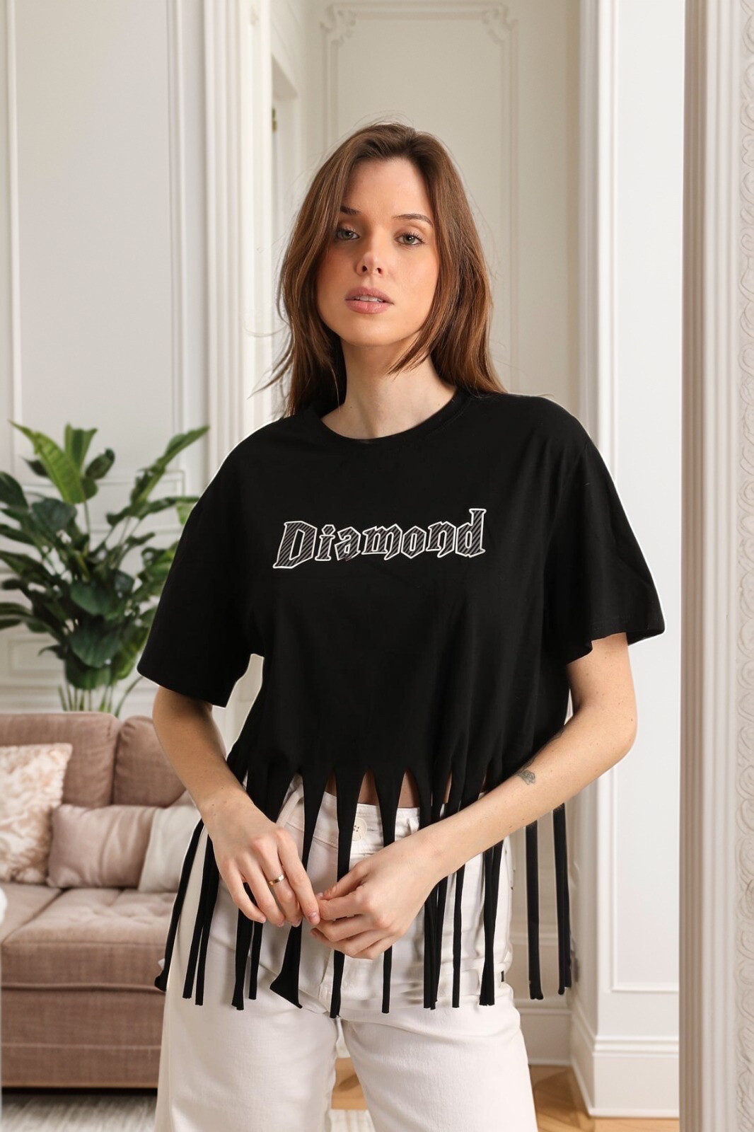 Grossiste J&H Fashion - T-shirt en coton à franche avec imprimé "DIAMOND"