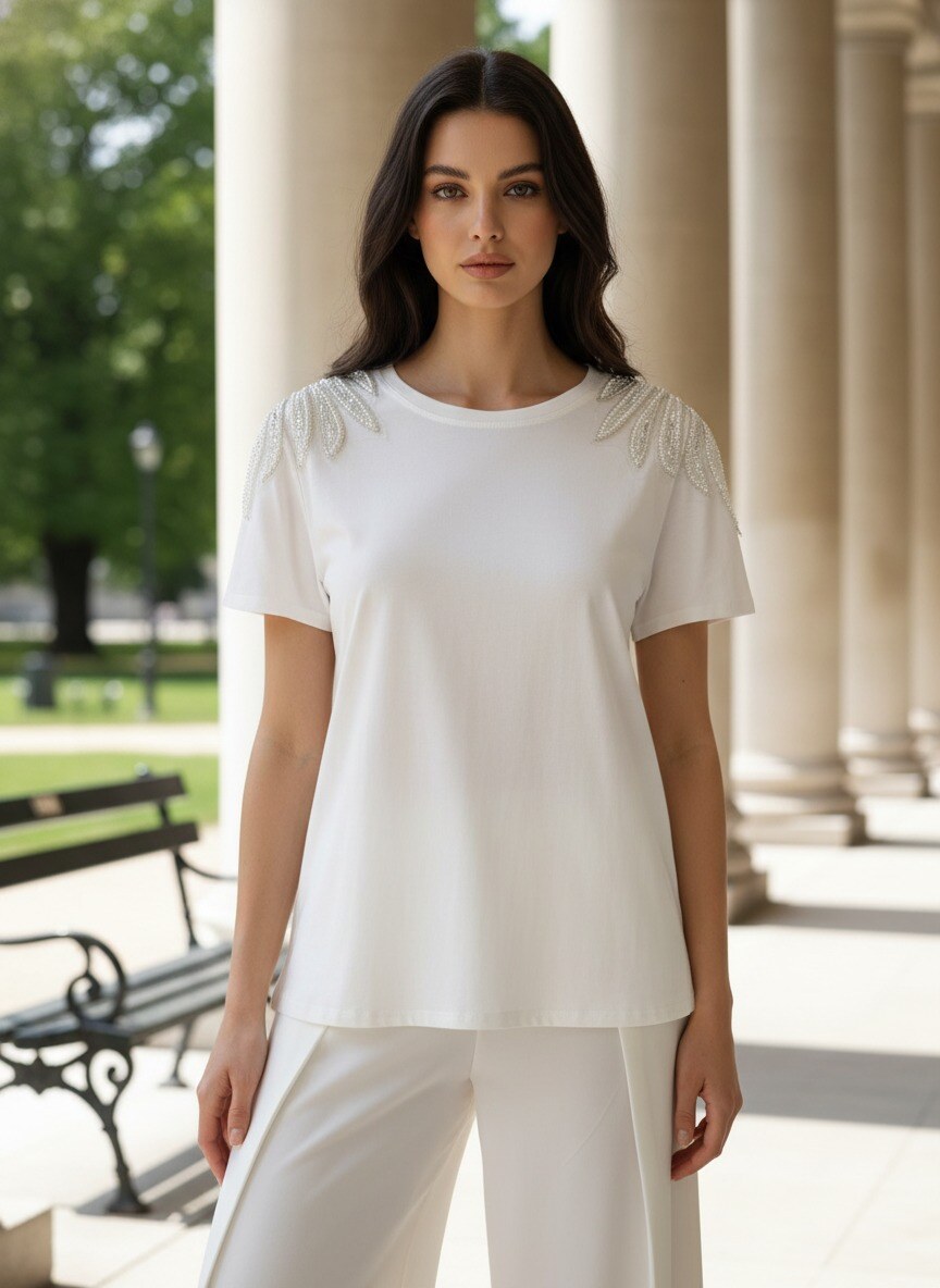 Grossista J&H Fashion - T-shirt a maniche corte si distingue per i suoi ricchi ornamenti di perline e paillettes a forma di foglia che vestono elegantemente le spalle.