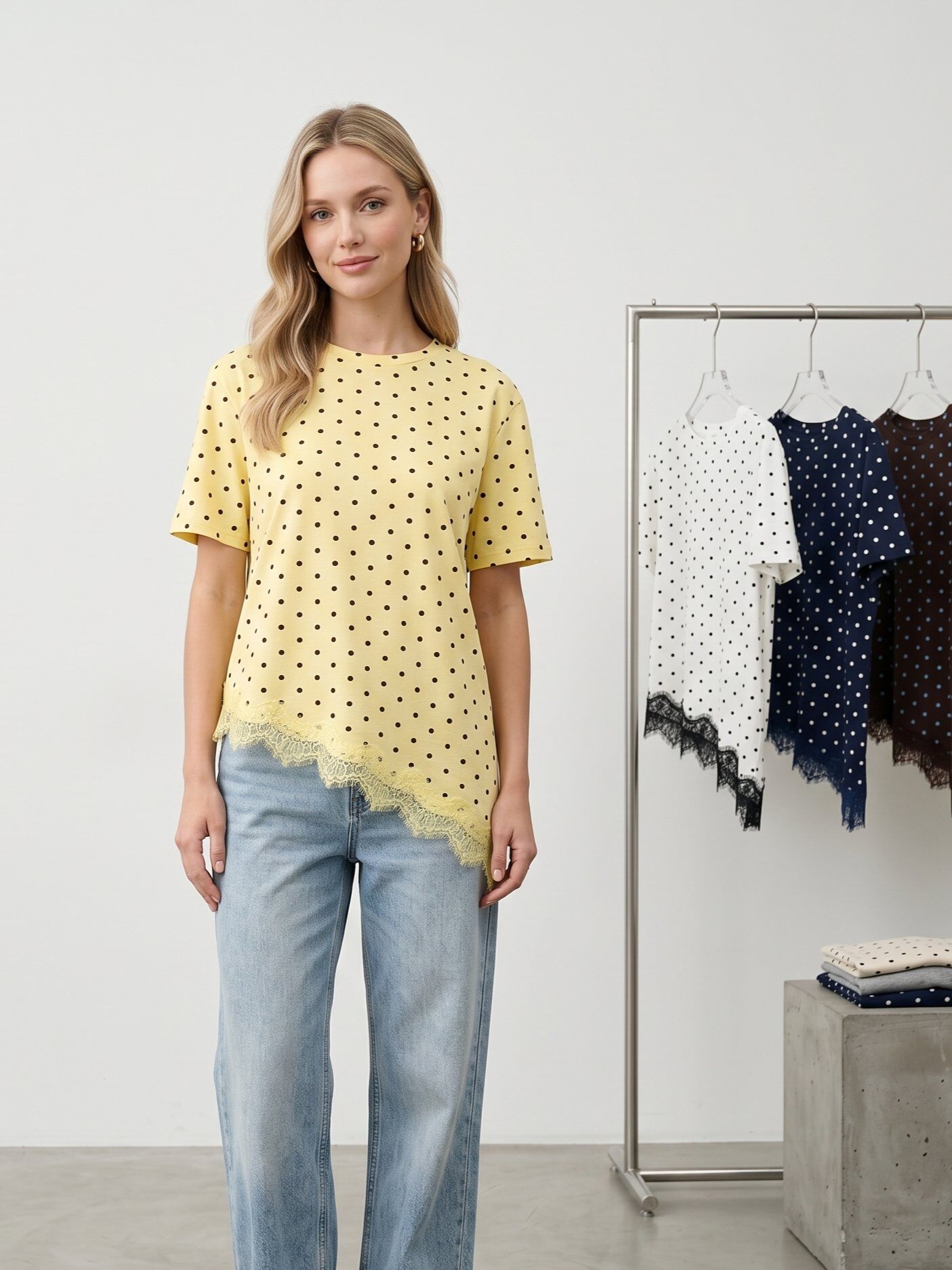 Mayorista J&H Fashion - Camiseta de lunares presenta un corte asimétrico original resaltado por un delicado ribete de encaje en la parte inferior de la prenda.