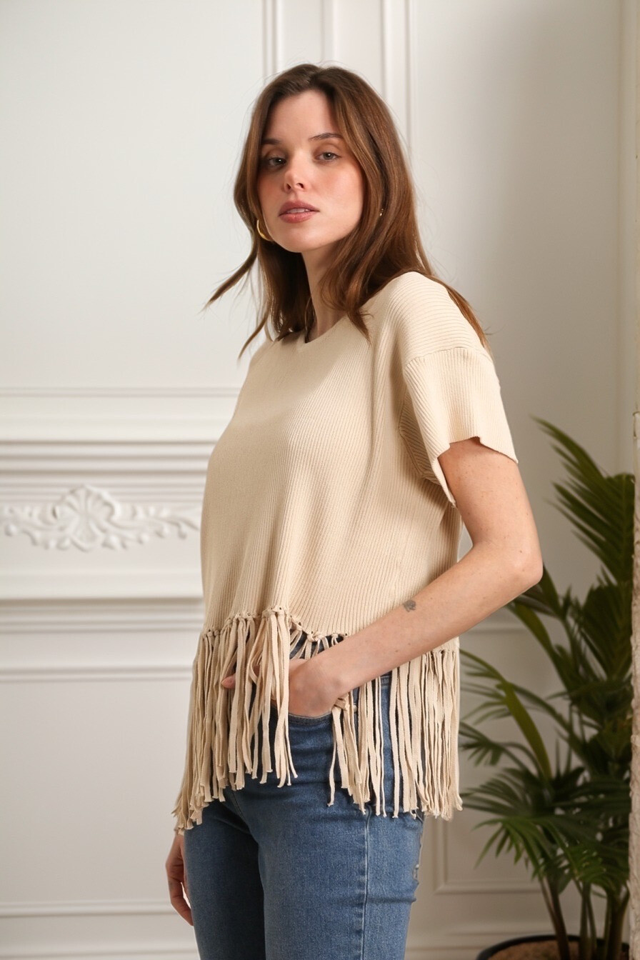 Grossiste J&H Fashion - T-shirt en maille côtelé à franges feminin élégant