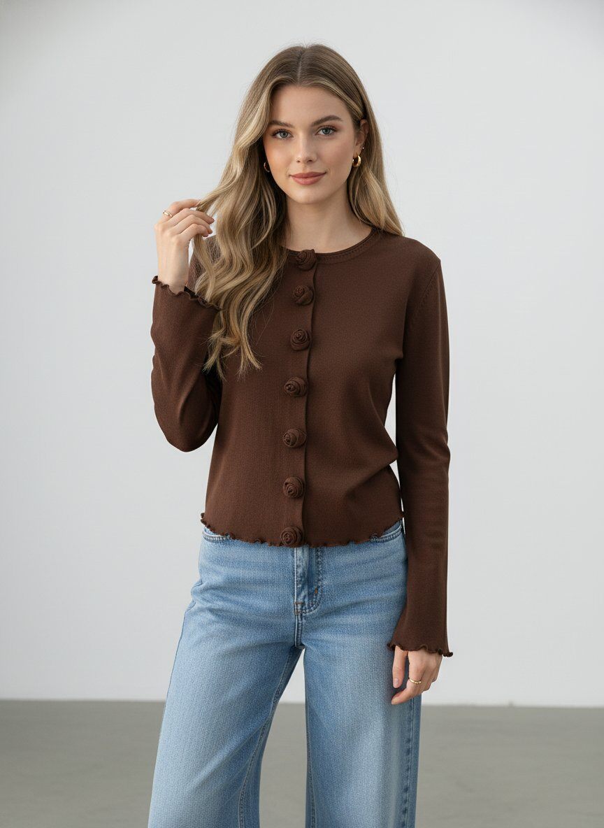 Mayorista J&H Fashion - Top de manga larga se destaca por sus acabados ondulados y sus botones decorativos en forma de rosas en relieve.