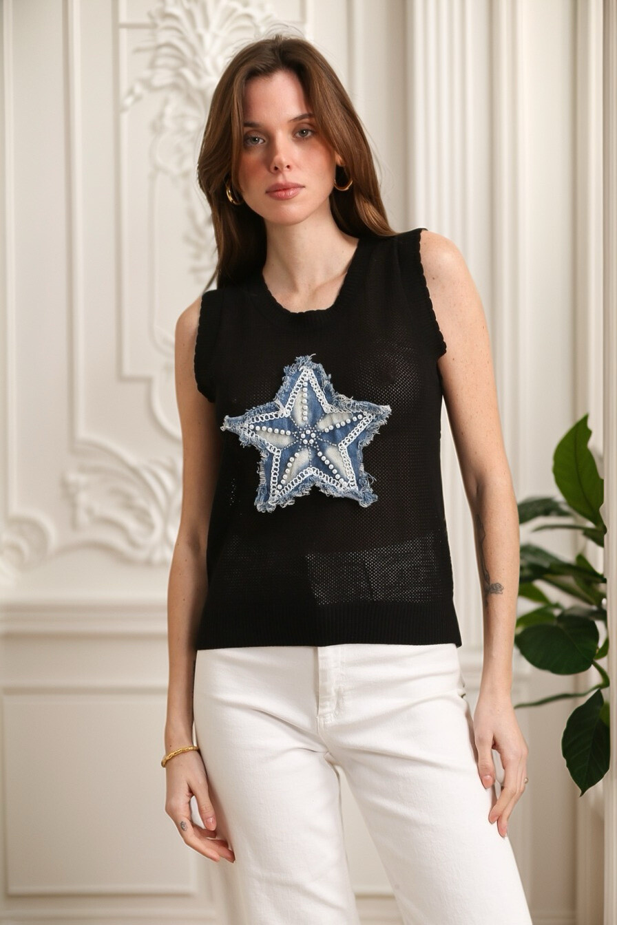 Grossista J&H Fashion - Top senza maniche in maglia con motivo orsetto in denim elegante e chic