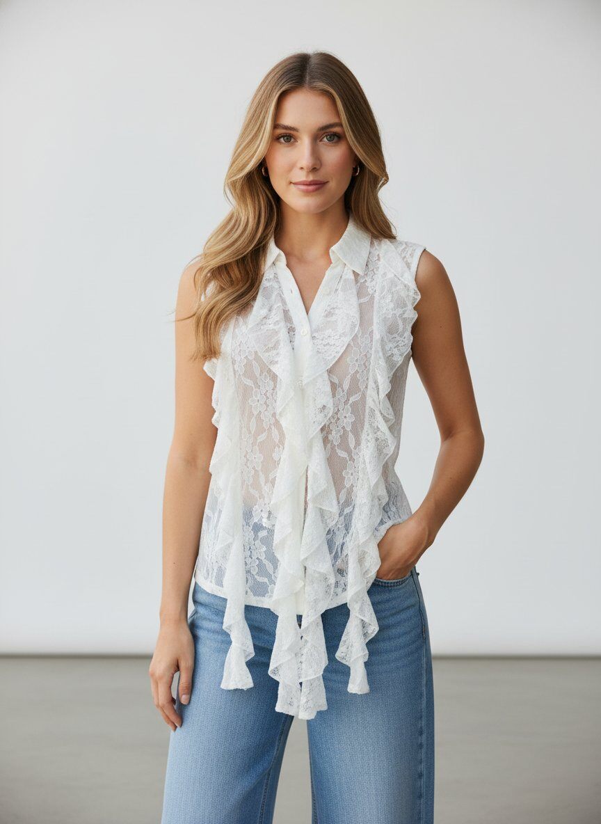 Mayorista J&H Fashion - Blusa sin mangas de encaje delicado se destaca por su cuello clásico y volantes elegantes que aportan relieve y textura a la silueta