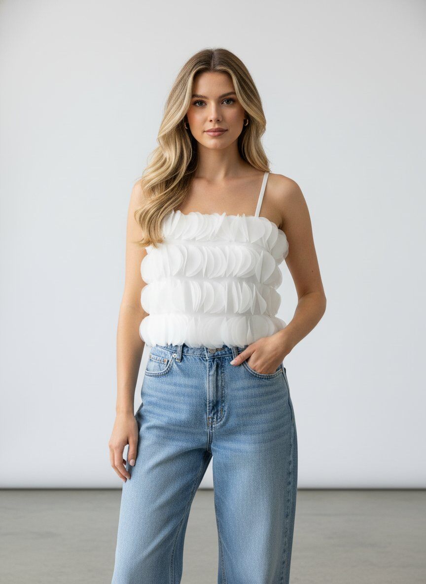 Mayorista J&H Fashion - Top de tirantes finos se destaca por sus filas superpuestas de volantes redondeados que crean un efecto de textura voluminoso y aireado.