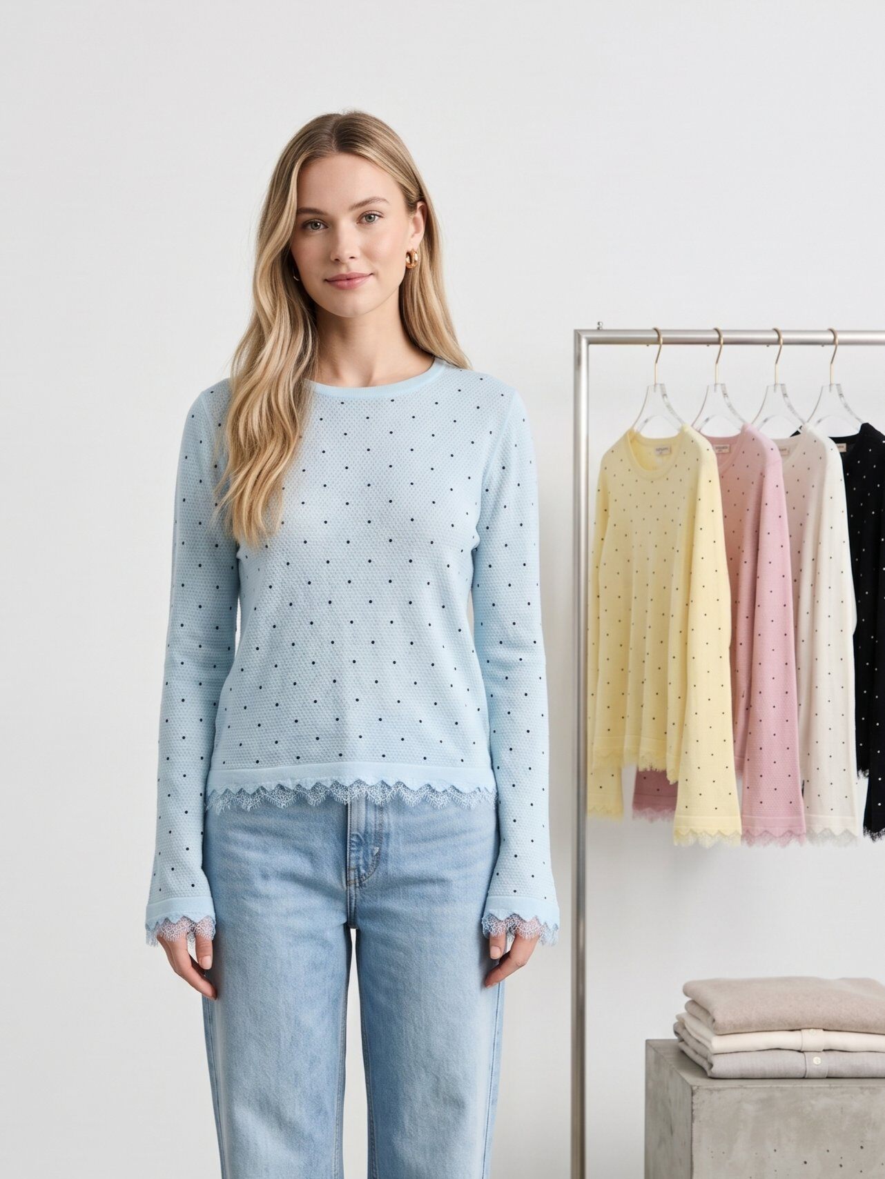Mayorista J&H Fashion - Suéter de manga larga presenta un delicado estampado de lunares y se destaca por sus puños acampanados con bordes finamente trabajados.