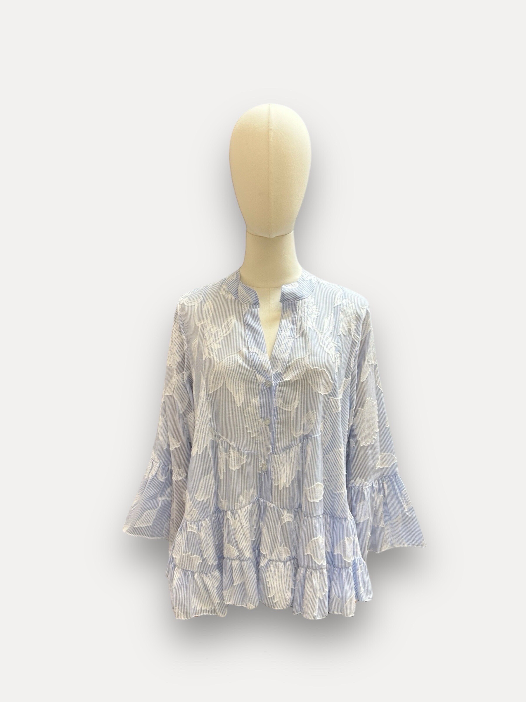 Wholesaler J&L - Striped 7/8 Sleeve Ruffle Blouse With Floral Print