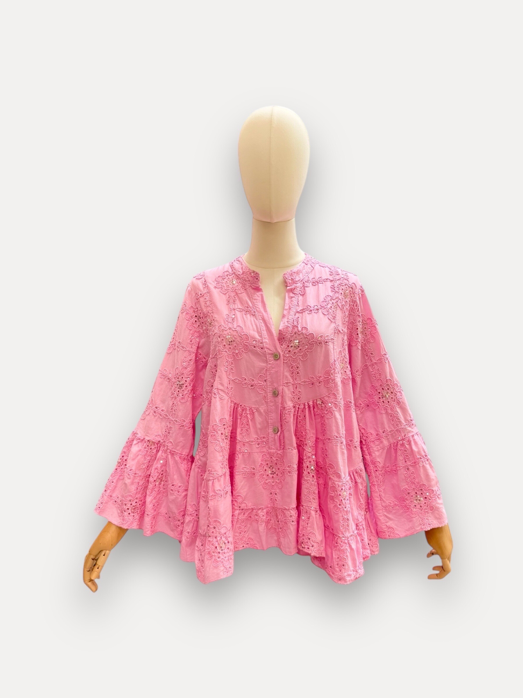 Grossista J&L - Camicetta ricamata a maniche lunghe con volante glitter
