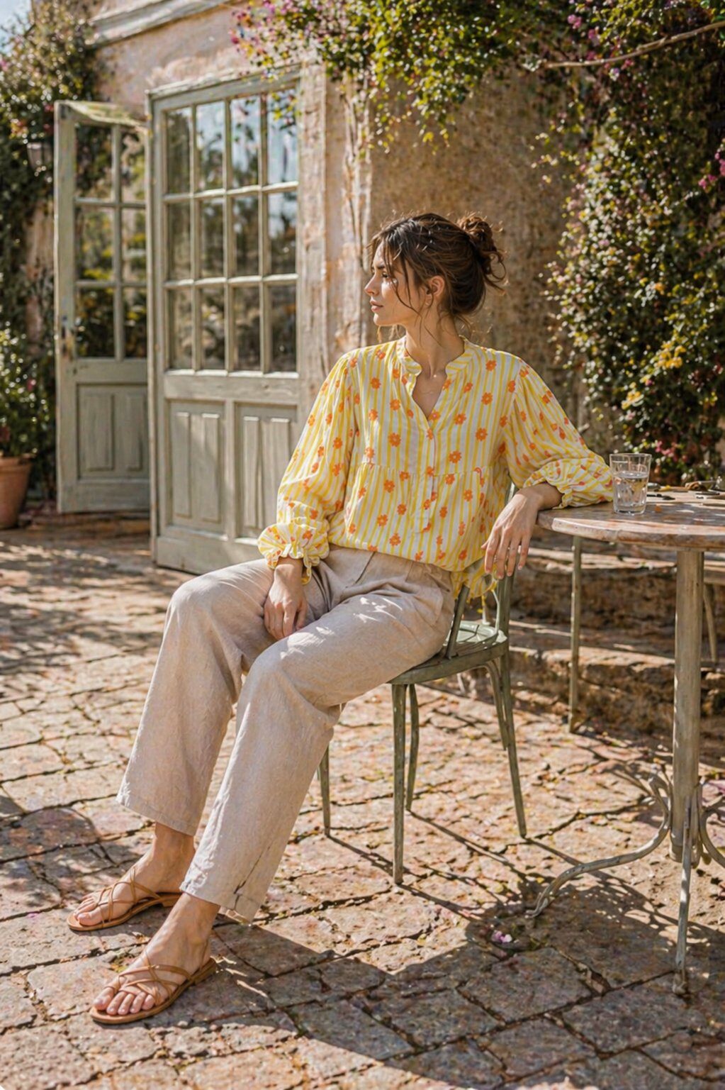 Großhändler J&L - Fließende Bluse mit Streifen und Blumenmustern mit Puffärmeln