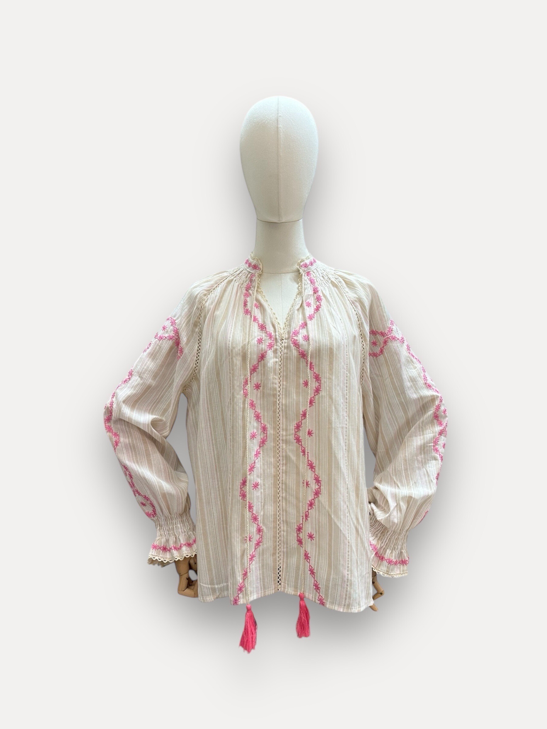 Wholesaler J&L - Striped Long Sleeve Blouse With Embroidery