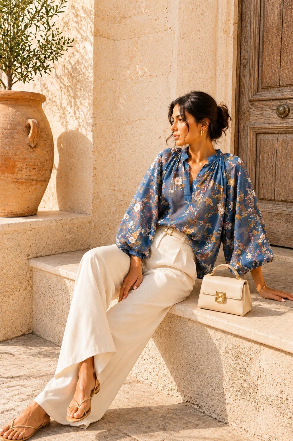 Grossiste J&L - Blouse Fluide Imprimée À Col Fendu Et Manches Bouffantes