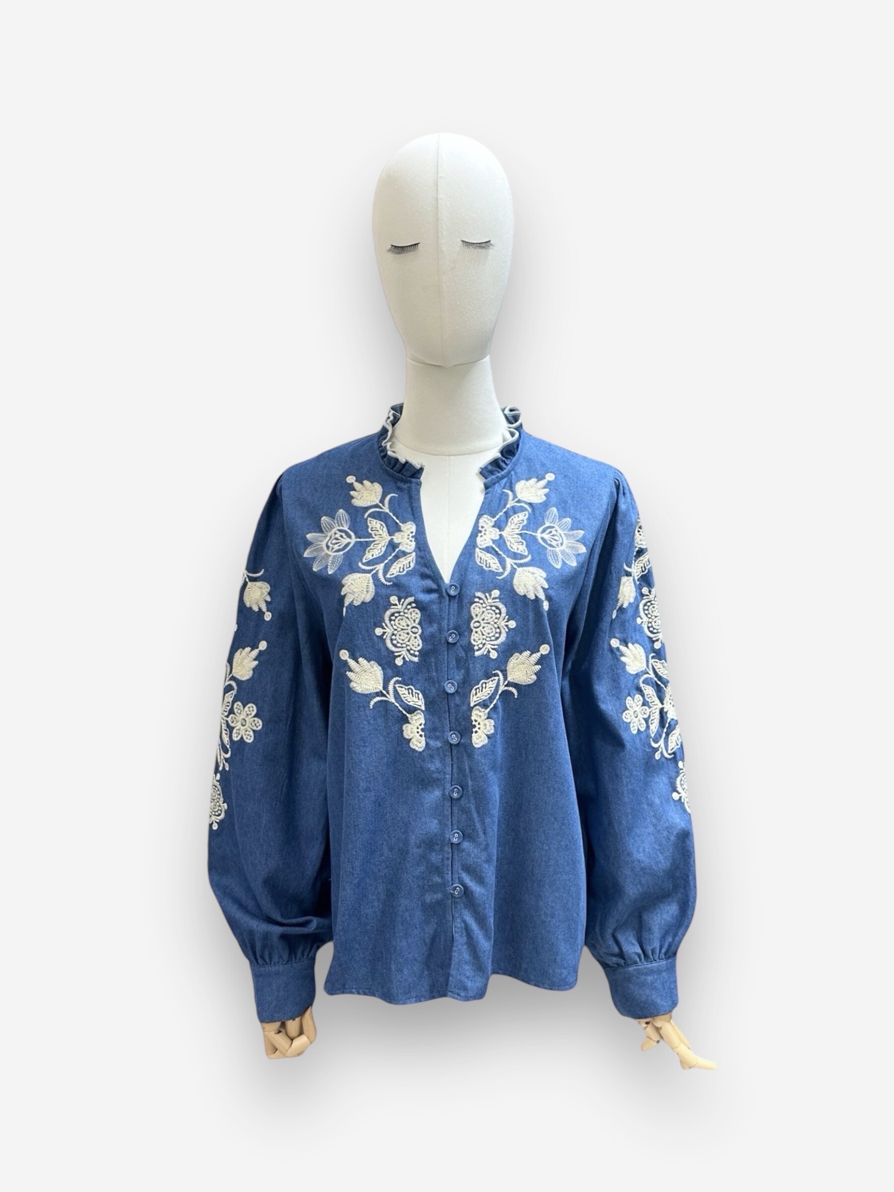 Wholesaler J&L - Long Sleeve Blouse With Flower Embroidery In Tencel