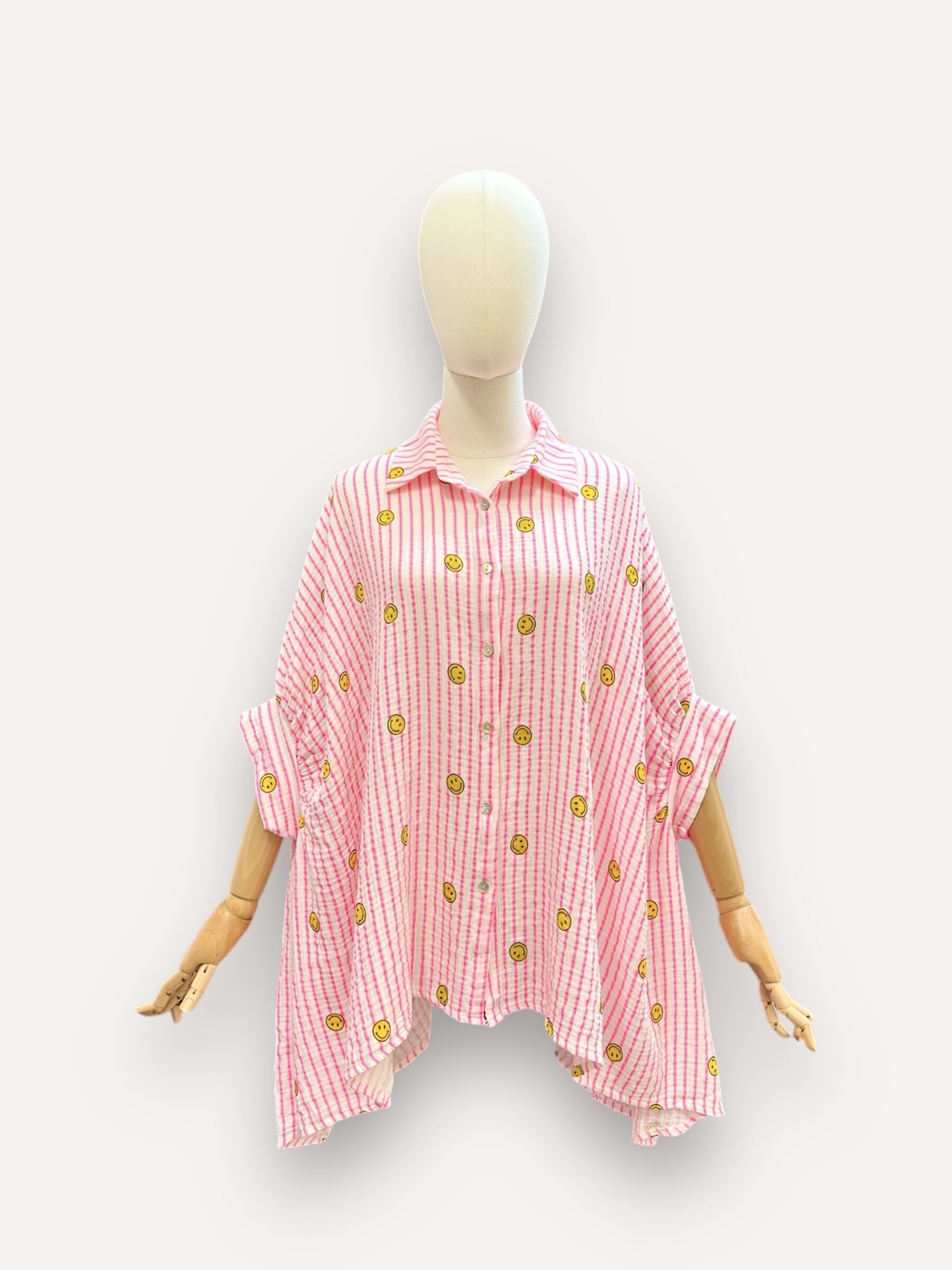 Mayorista J&L - Camisa de sonrisa de manga corta con rayas fluorescentes de gas de algodón