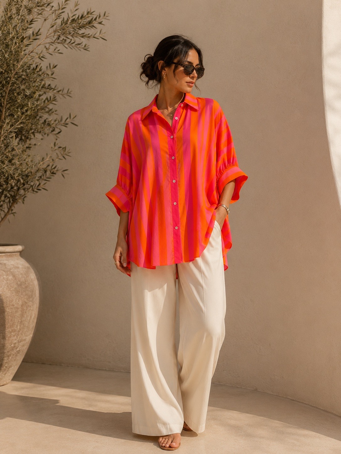 Großhändler J&L - Gestreiftes Oversize-Hemd mit Weiten Ärmeln