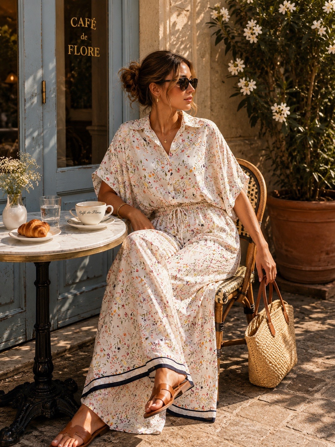 Mayorista J&L - Camisa fluida con estampado floral, cuello clásico y mangas cortas amplias