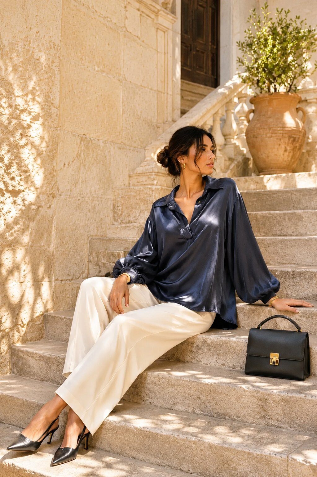 Grossista J&L - Blusa in Raso con Collo Aperto e Maniche a Sbuffo