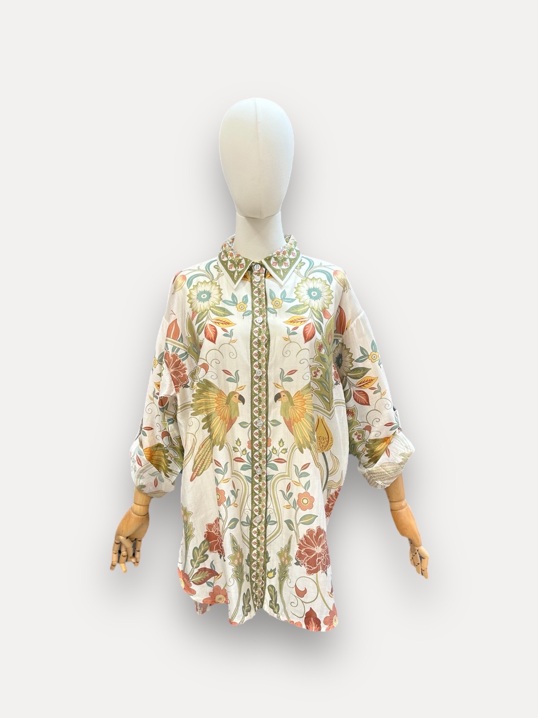Wholesaler J&L - Long sleeve shirt with symmetrical pattern flowers and parrot