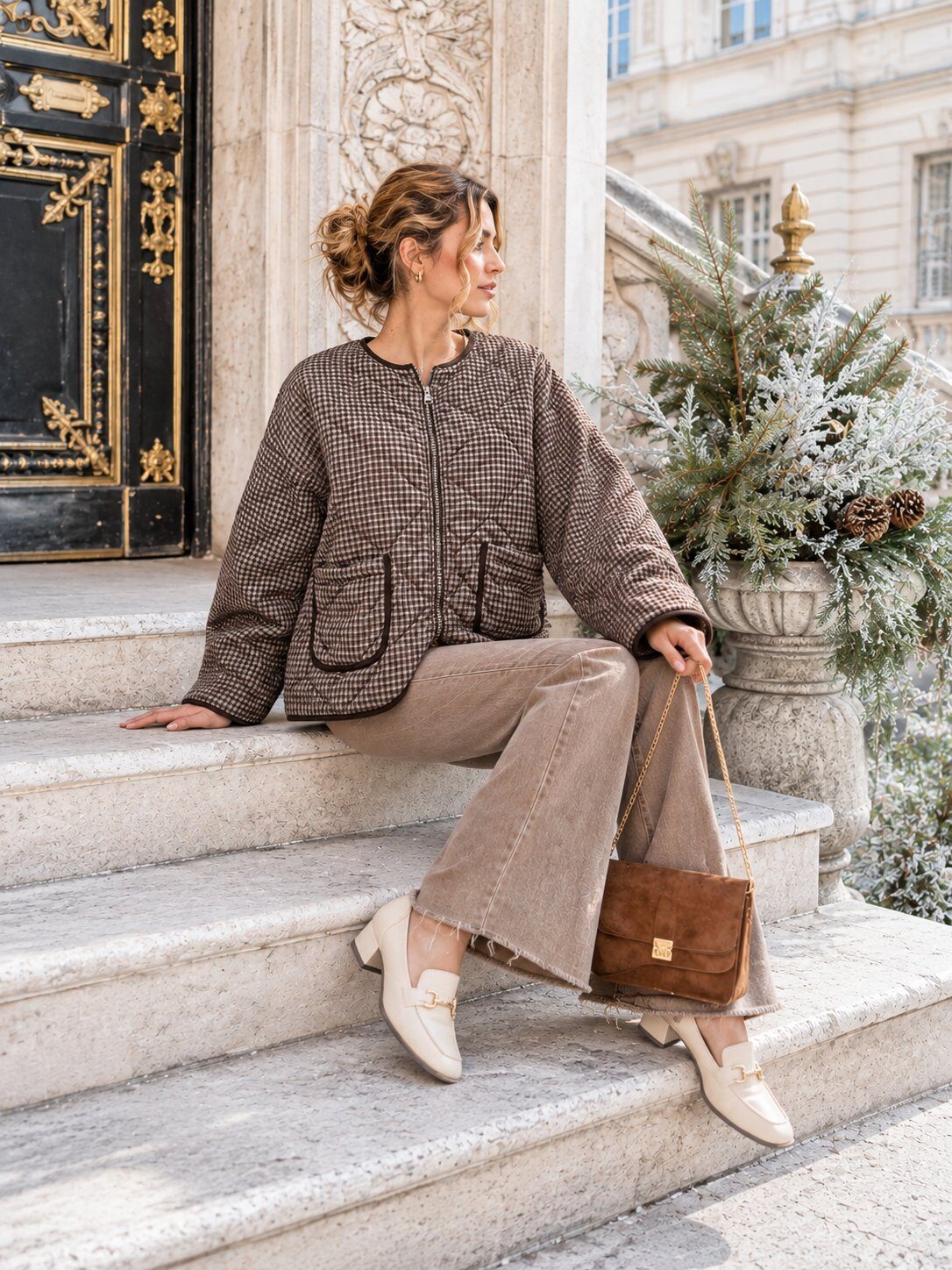 Großhändler J&L - Gesteppte Karierte Jacke mit Aufgesetzten Taschen