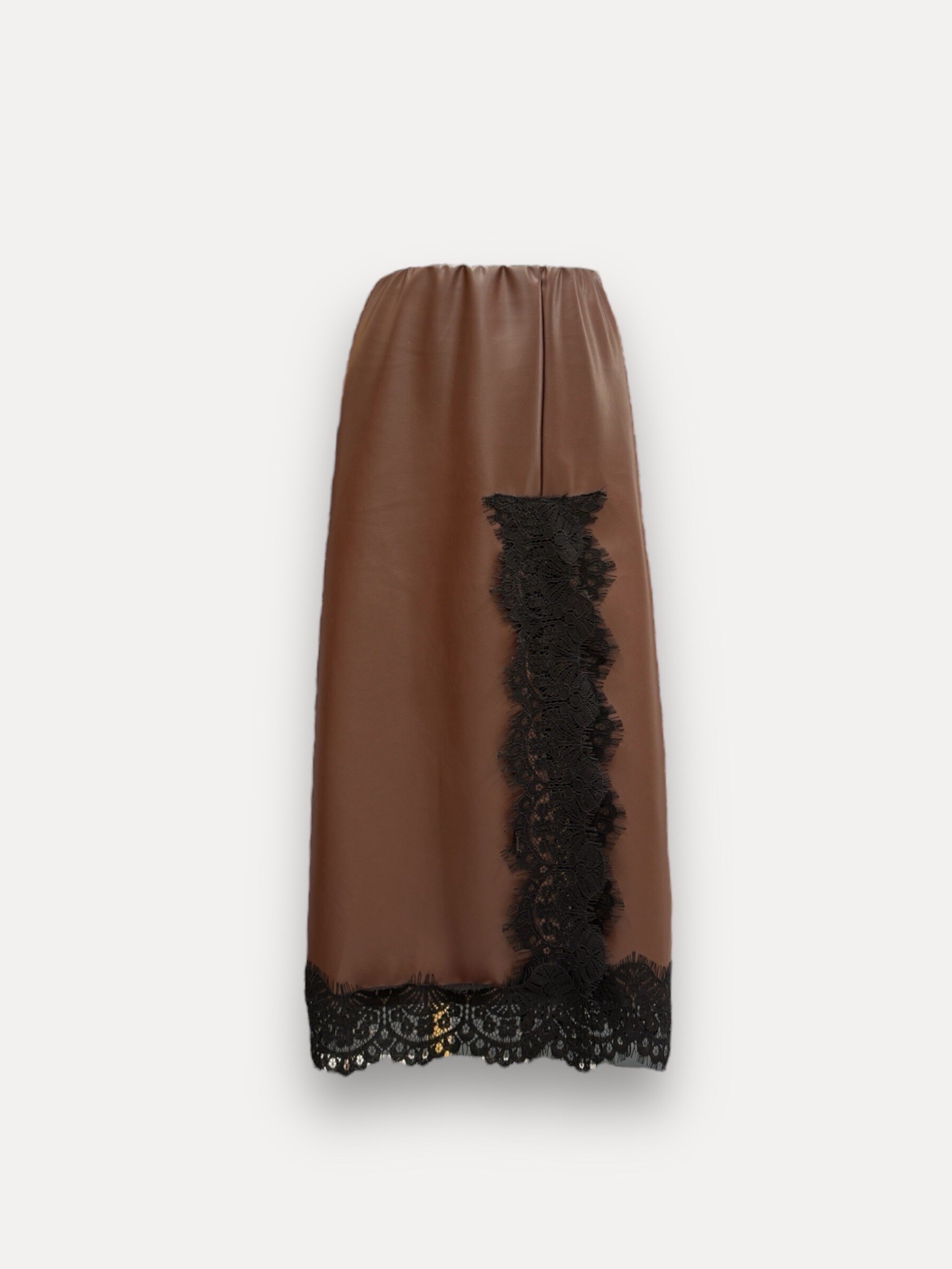 Grossista J&L - Gonna Midi RIANNA in Ecopelle con Inserto in Pizzo Nero