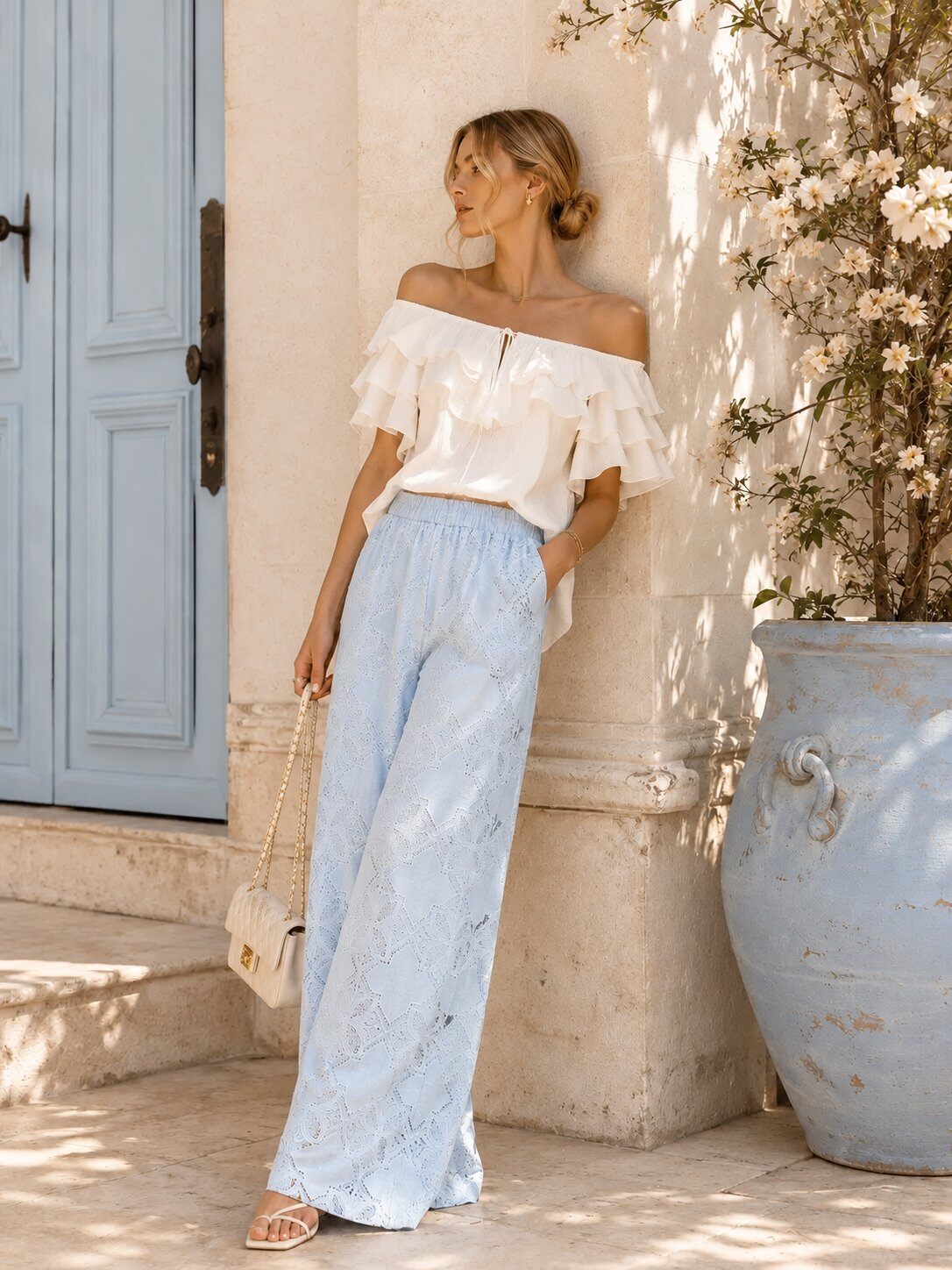 Grossiste J&L - Pantalon Large En Dentelle Avec Doublure