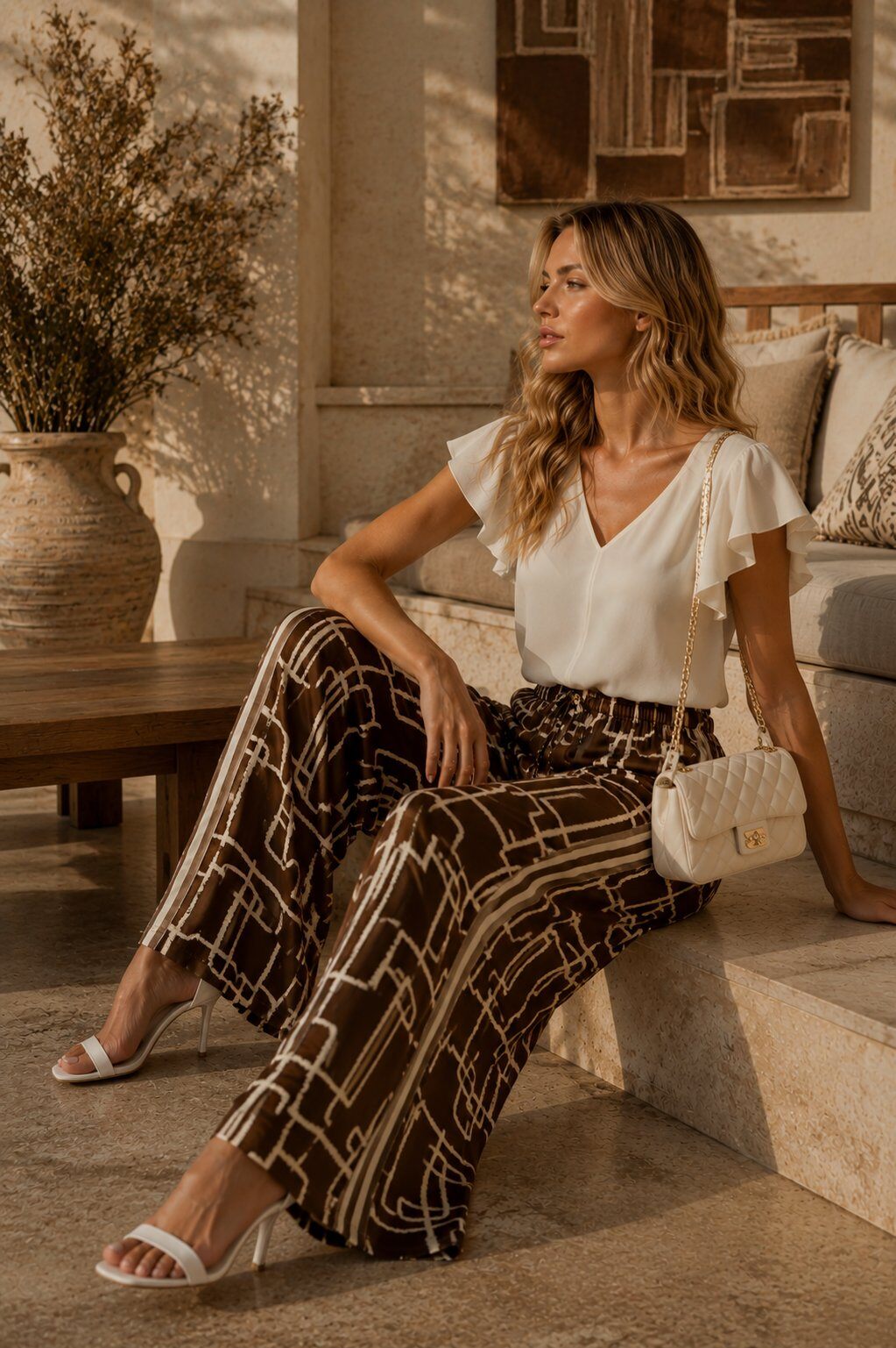 Grossista J&L - Pantaloni Fluidi con Motivo Geometrico e Bande Laterali