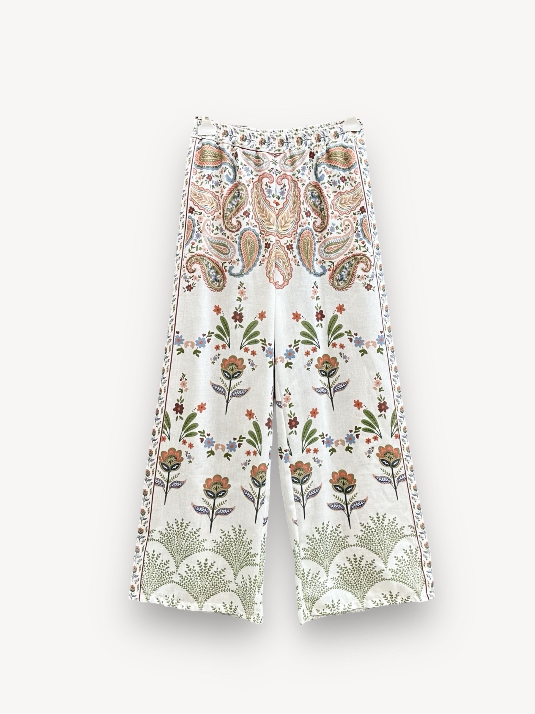 Grossiste J&L - Pantalon Large Effet Lin Avec Imprimée Cachemire Et Fleurs