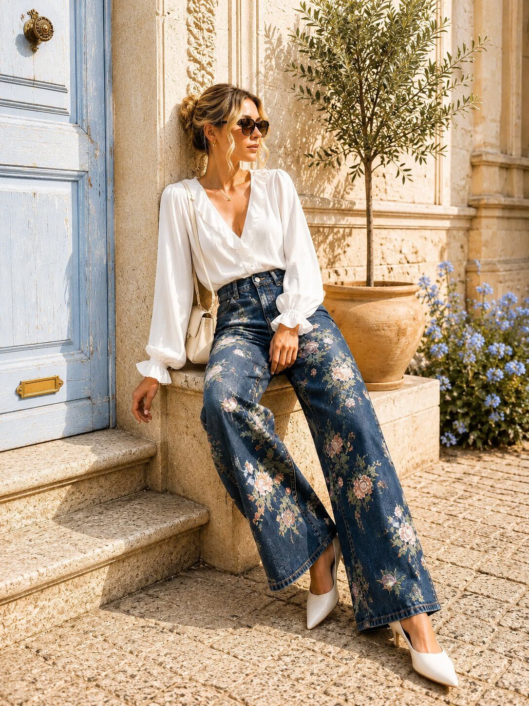 Grossista J&L - Jeans Larghi a Fiori a Vita Alta