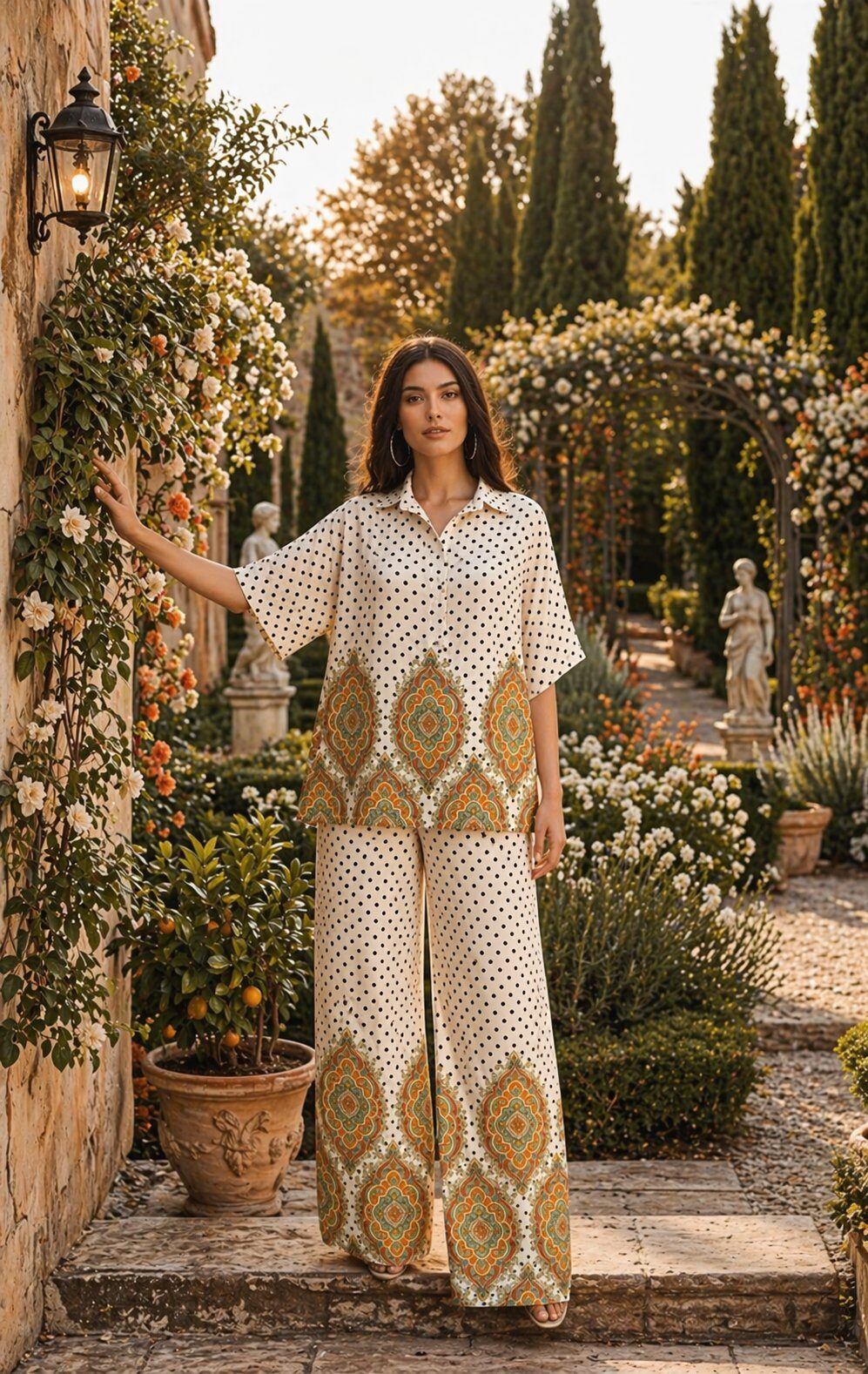 Mayorista J&L - Pantalones Fluidos de Lunares con Motivos Ornamentales y Cintura Elástica