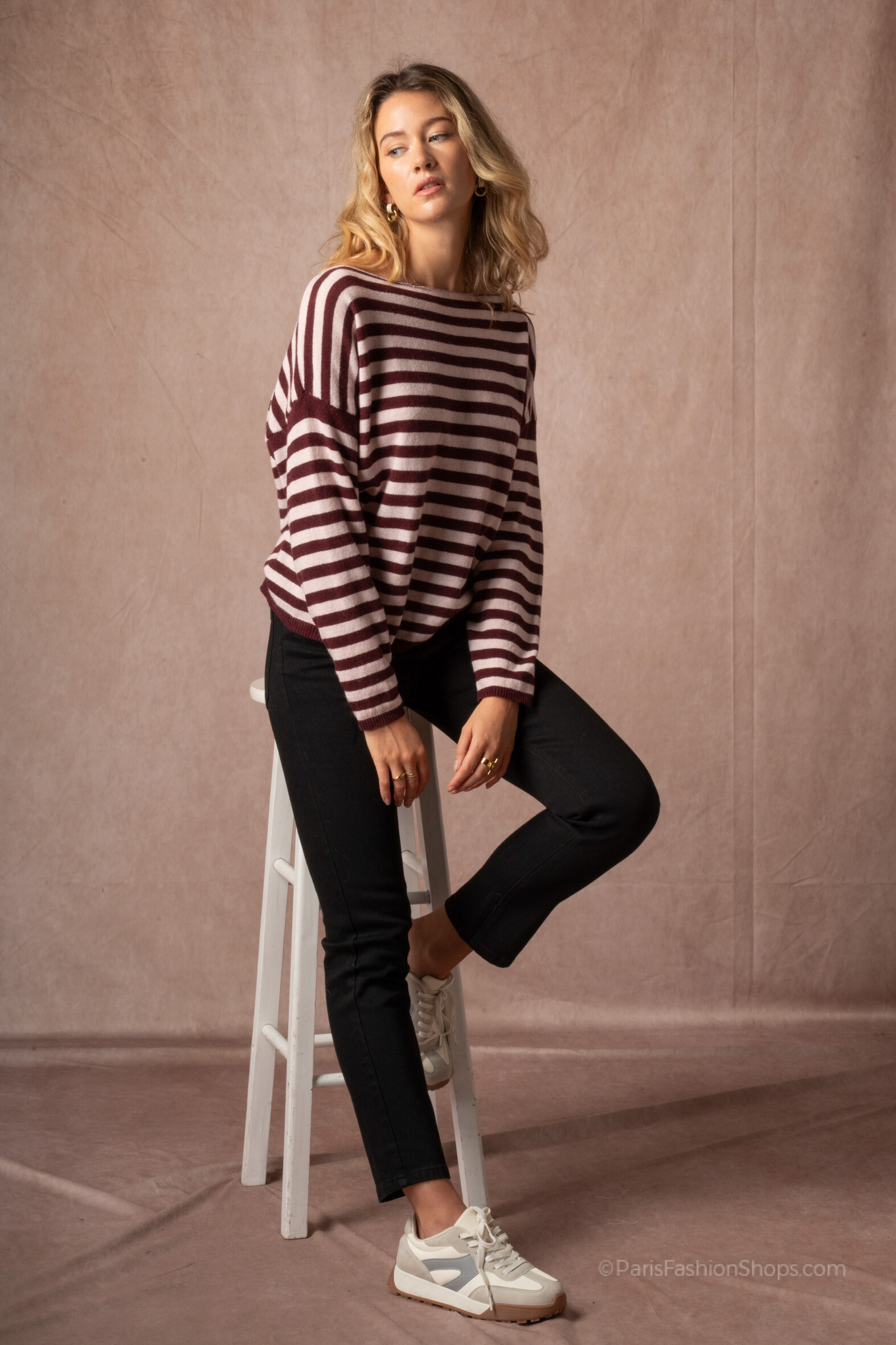 Grossiste J&L - PULL col bateau une épaule en cachemire à rayures